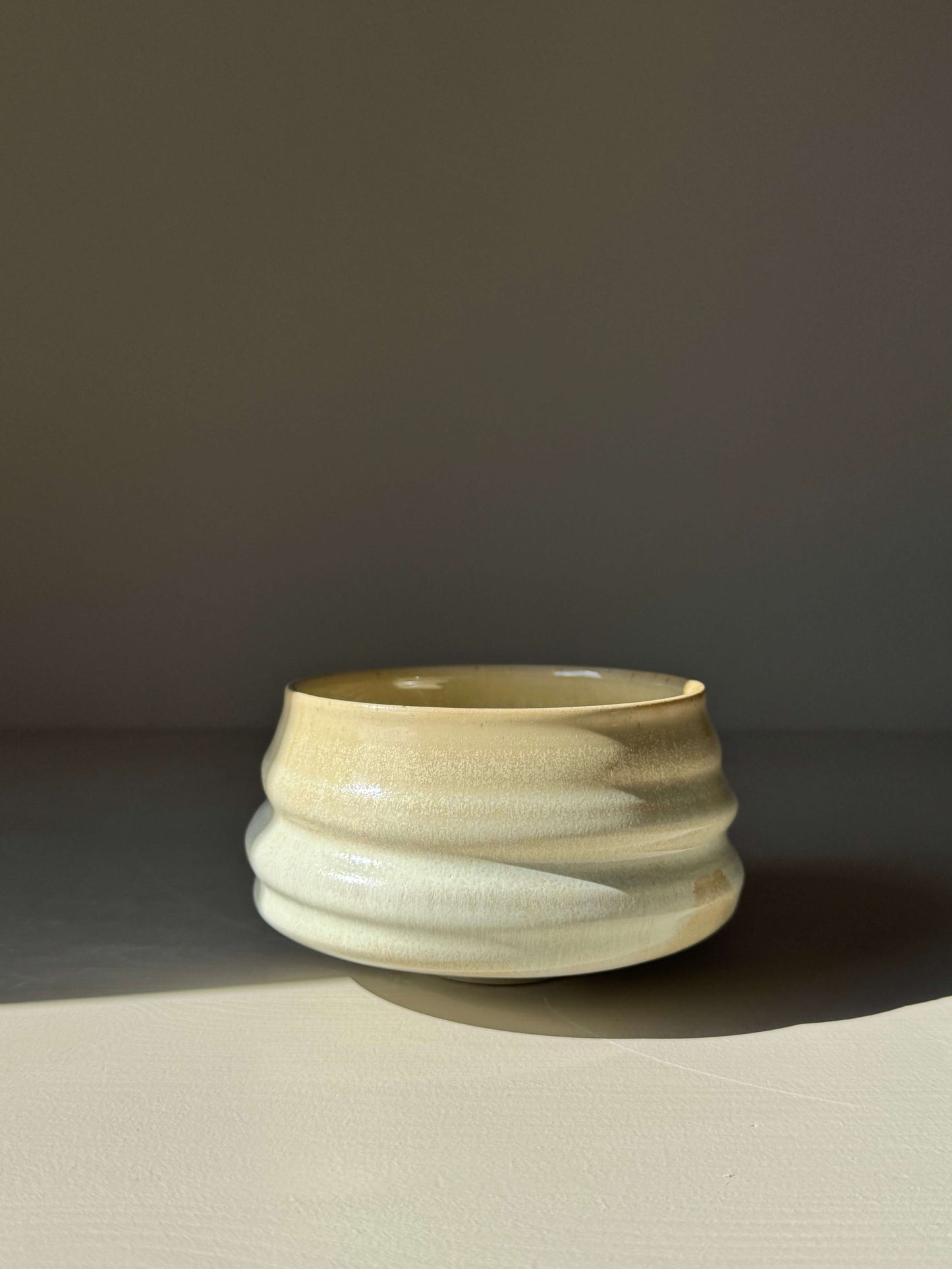 Handmade ceramic Matcha Bowl – Moonstone Glaze, featuring a classic ridged shape with a spout and soft natural tone for whisking matcha.
