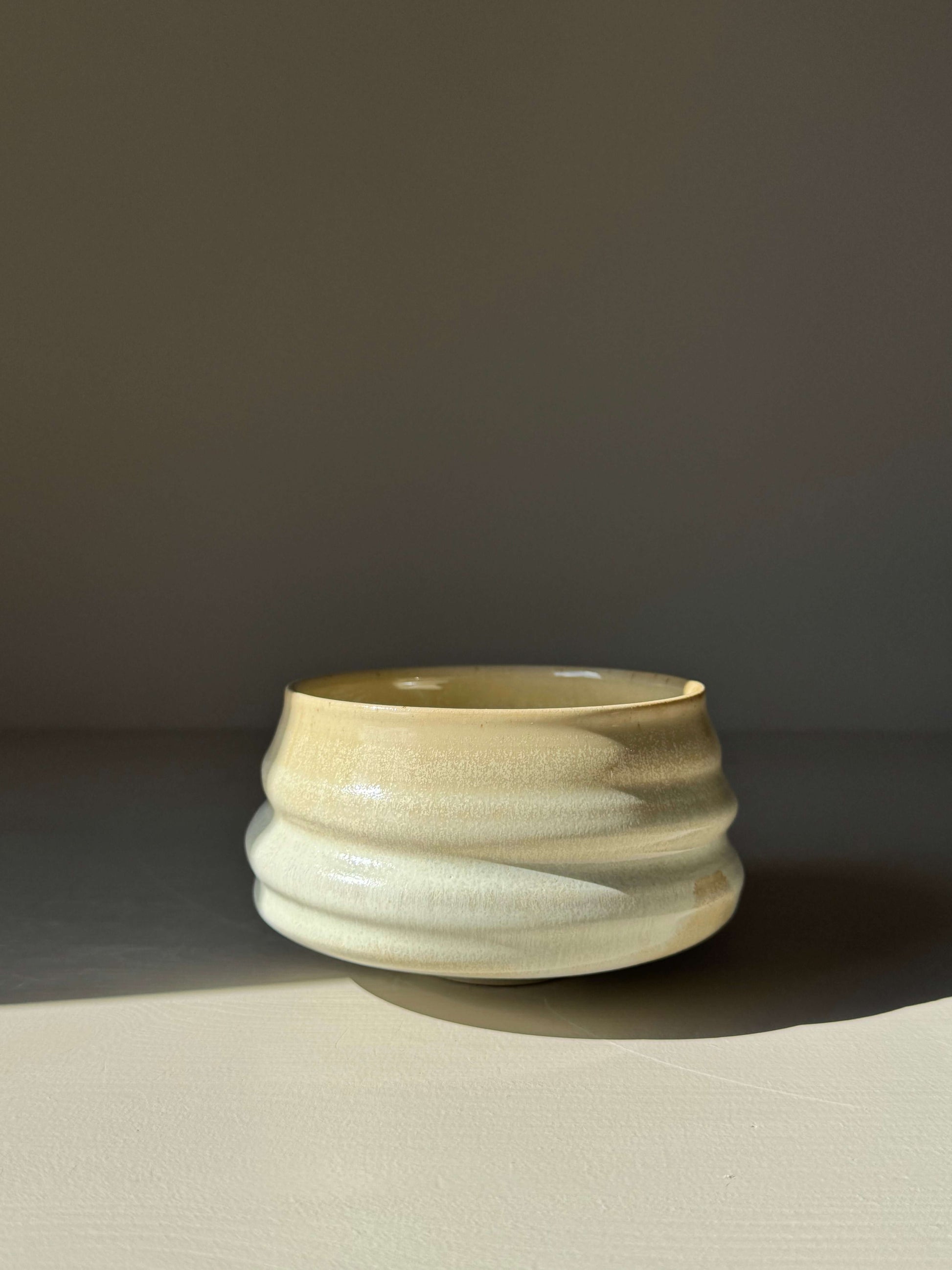 Handmade ceramic Matcha Bowl – Moonstone Glaze, featuring a classic ridged shape with a spout and soft natural tone for whisking matcha.