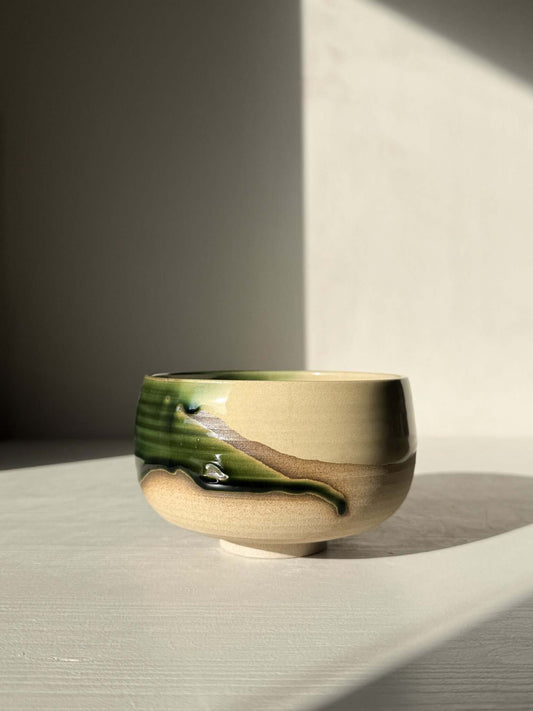 Matcha Bowl – Mori #02, handmade ceramic, featuring layered green and brown glazes, showcasing unique organic design.