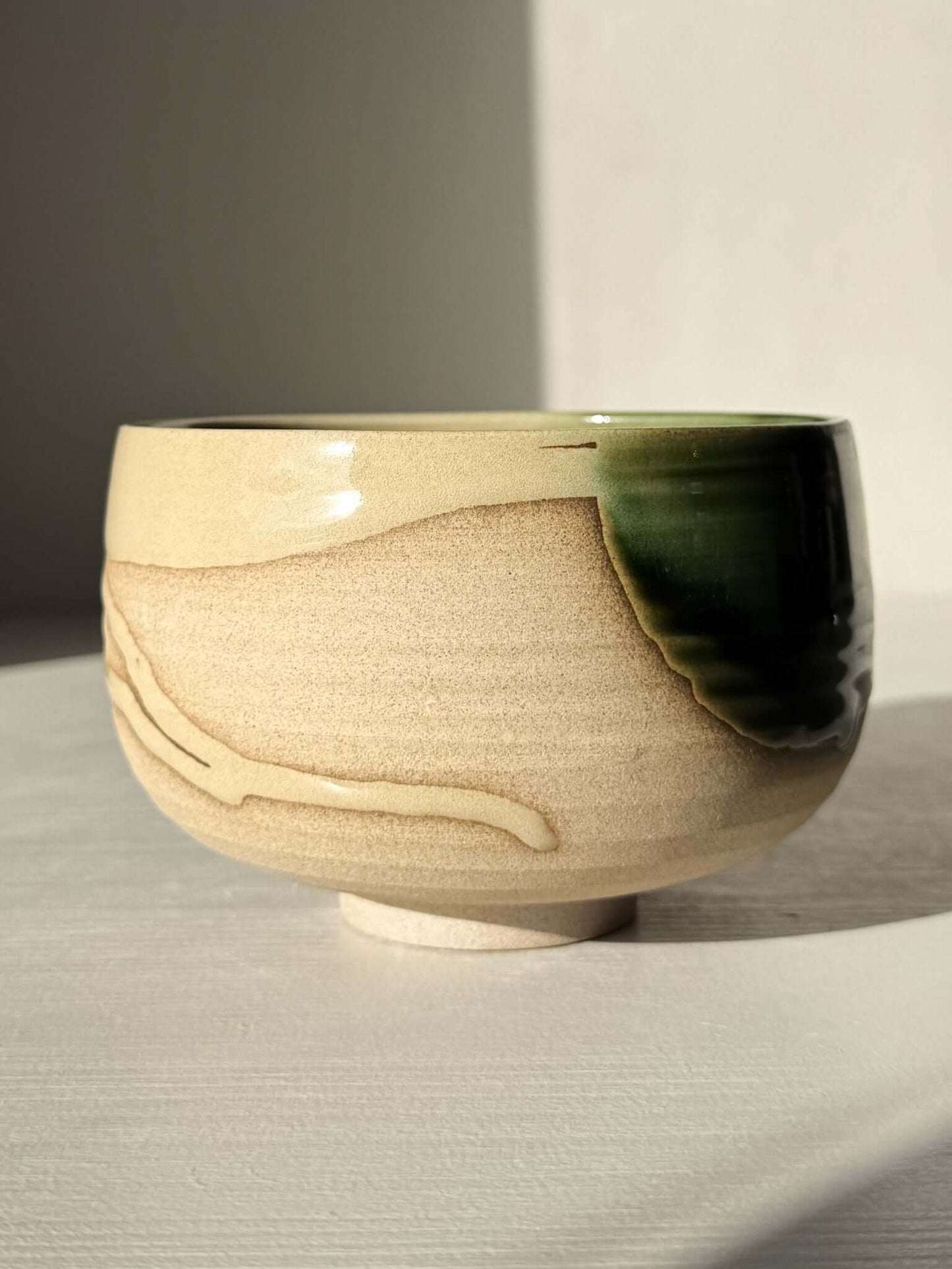 Matcha Bowl – Mori #01, handmade ceramic with green and brown glazes, part of the Mori Series, wheel-thrown in home studio.