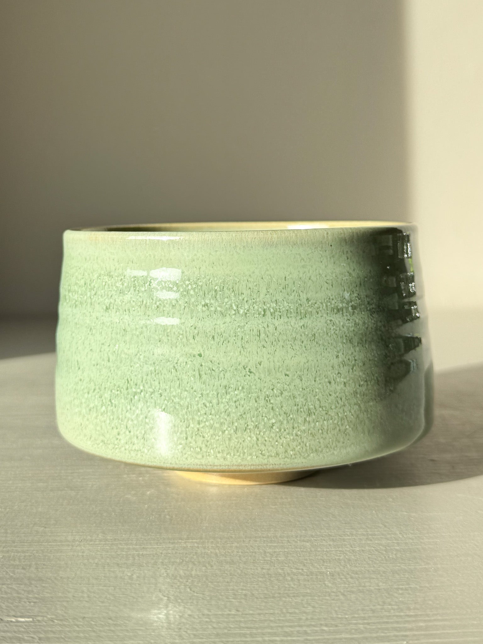 Matcha Bowl – Sage Glaze #01, handcrafted with a sage-green glossy finish, ideal for whisking smooth matcha.
