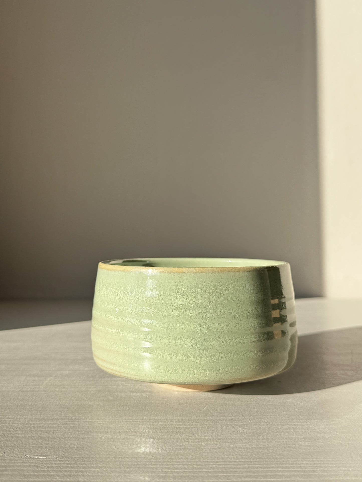 Matcha Bowl – Sage Glaze #02 with soft sage-green tone and glossy finish, perfect for whisking smooth and frothy matcha.