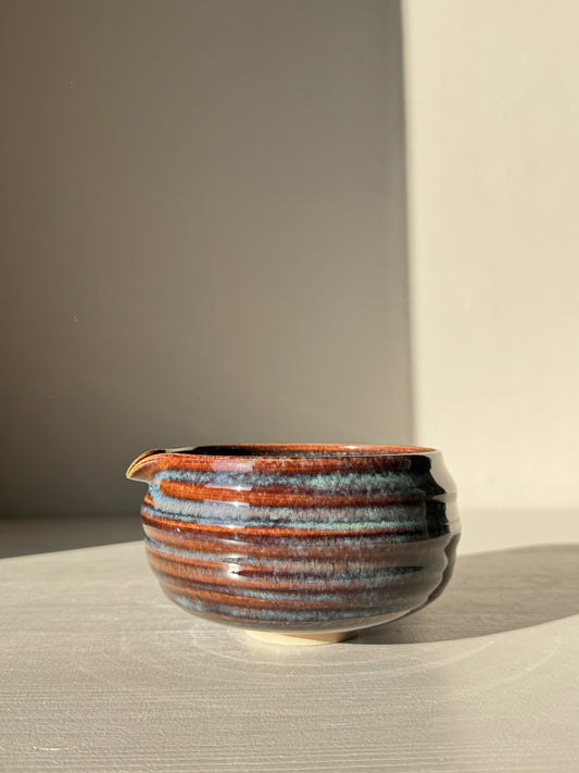 Matcha Bowl Spout - Glossy Blue #01 with earthy tones and pouring spout, handmade chawan with unique flowing blue patterns.