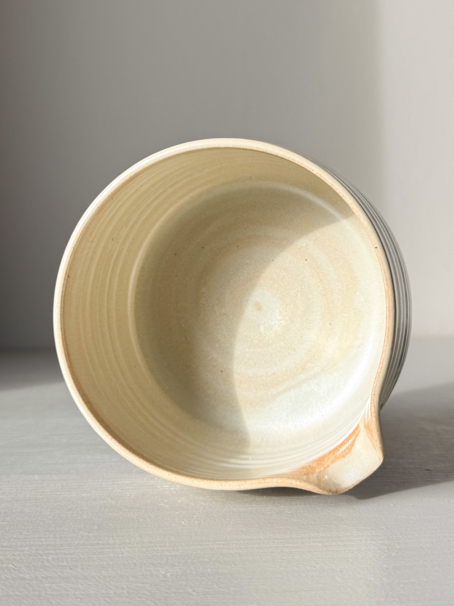 Matcha bowl Spout - Moonstone & Blue #03 with hand-splashed deep cobalt glaze and silky moonstone layer, perfect for daily tea rituals.