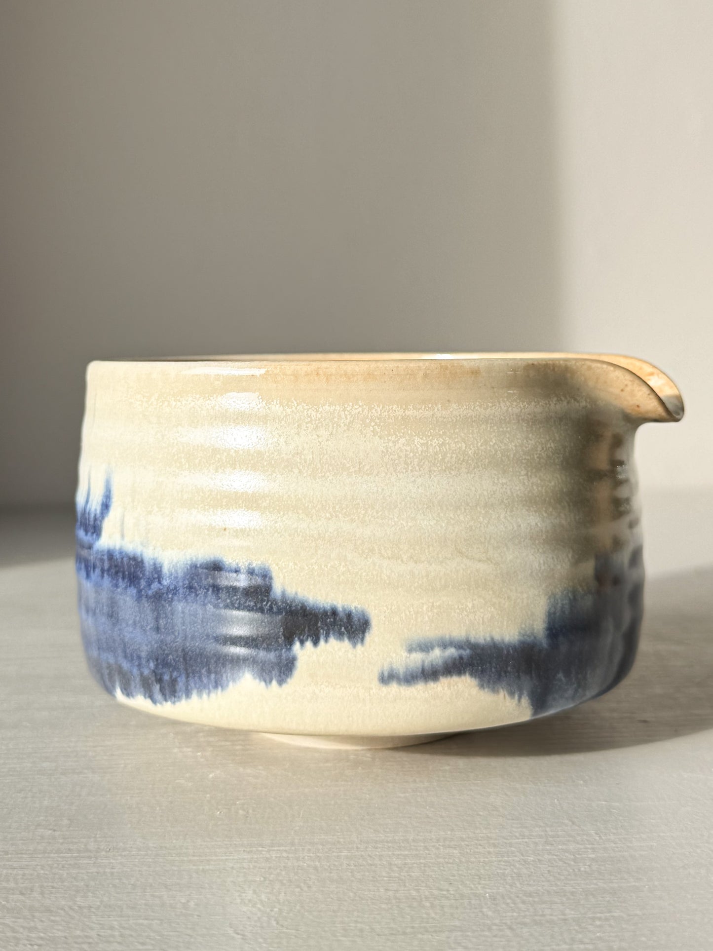 Matcha bowl Spout - Moonstone & Blue #03 with hand-splashed cobalt and moonstone glaze for tea moments.
