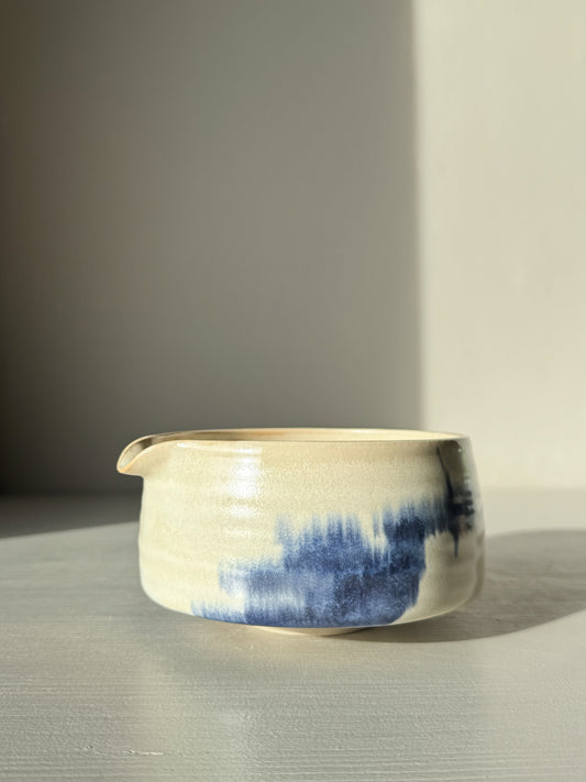 Matcha bowl Spout - Moonstone & Blue #01 with hand-splashed cobalt glaze and moonstone layer, creating a calm and foggy look.