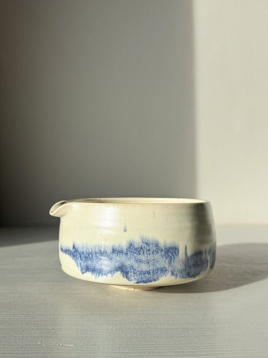 Matcha bowl Spout - Moonstone & Blue #02 with hand-splashed cobalt glazes and silky moonstone finish, perfect for daily tea rituals.