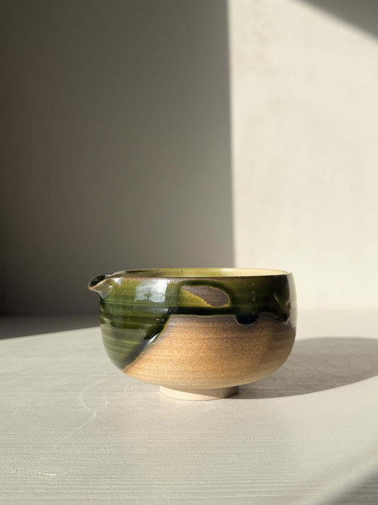 Matcha Bowl with Spout – Mori #02, handmade ceramic with green and brown glaze, part of the Mori Series