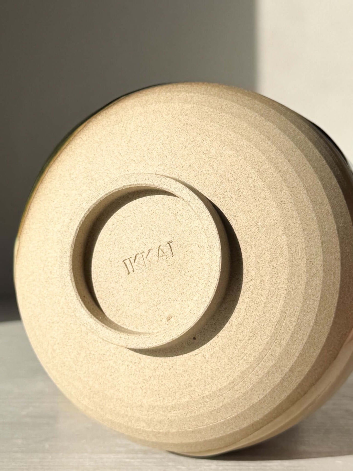 Base view of Matcha Bowl with Spout – Mori #04 showcasing handmade ceramic texture.