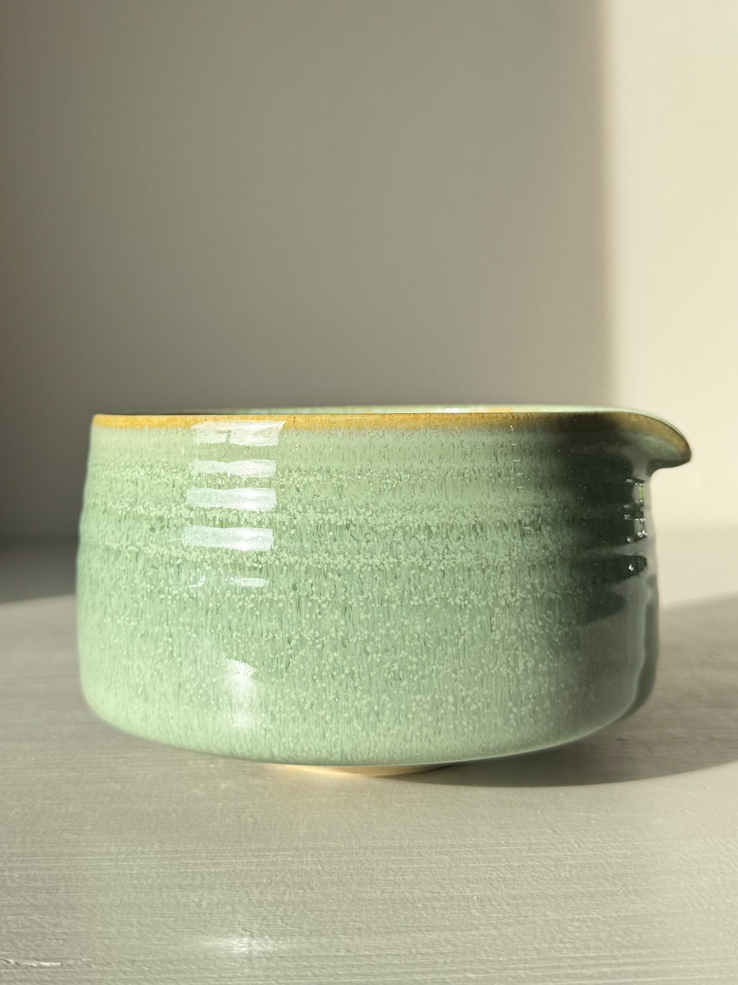 Matcha Bowl Spout – Sage #03 in soft sage-green glaze, perfect for whisking smooth and creamy matcha blends.