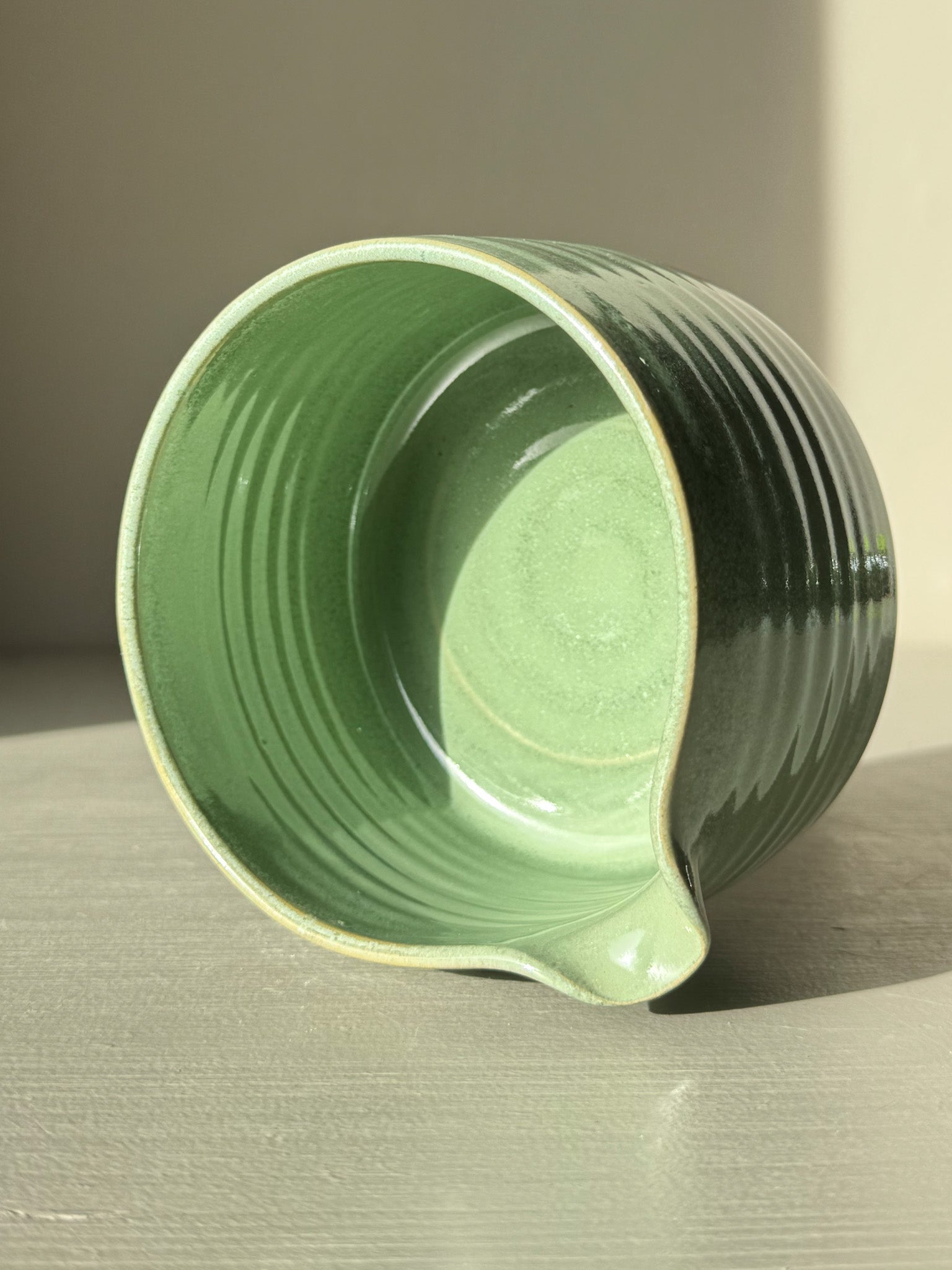 Matcha Bowl Spout – Sage #02 with soft sage-green glaze and open form perfect for whisking matcha into a smooth blend.