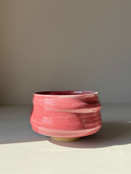 Handmade ceramic Matcha Bowl - Ume Series #02 with pink glaze, inspired by Japanese Ume blossom, featuring flowing ridges and wide base.