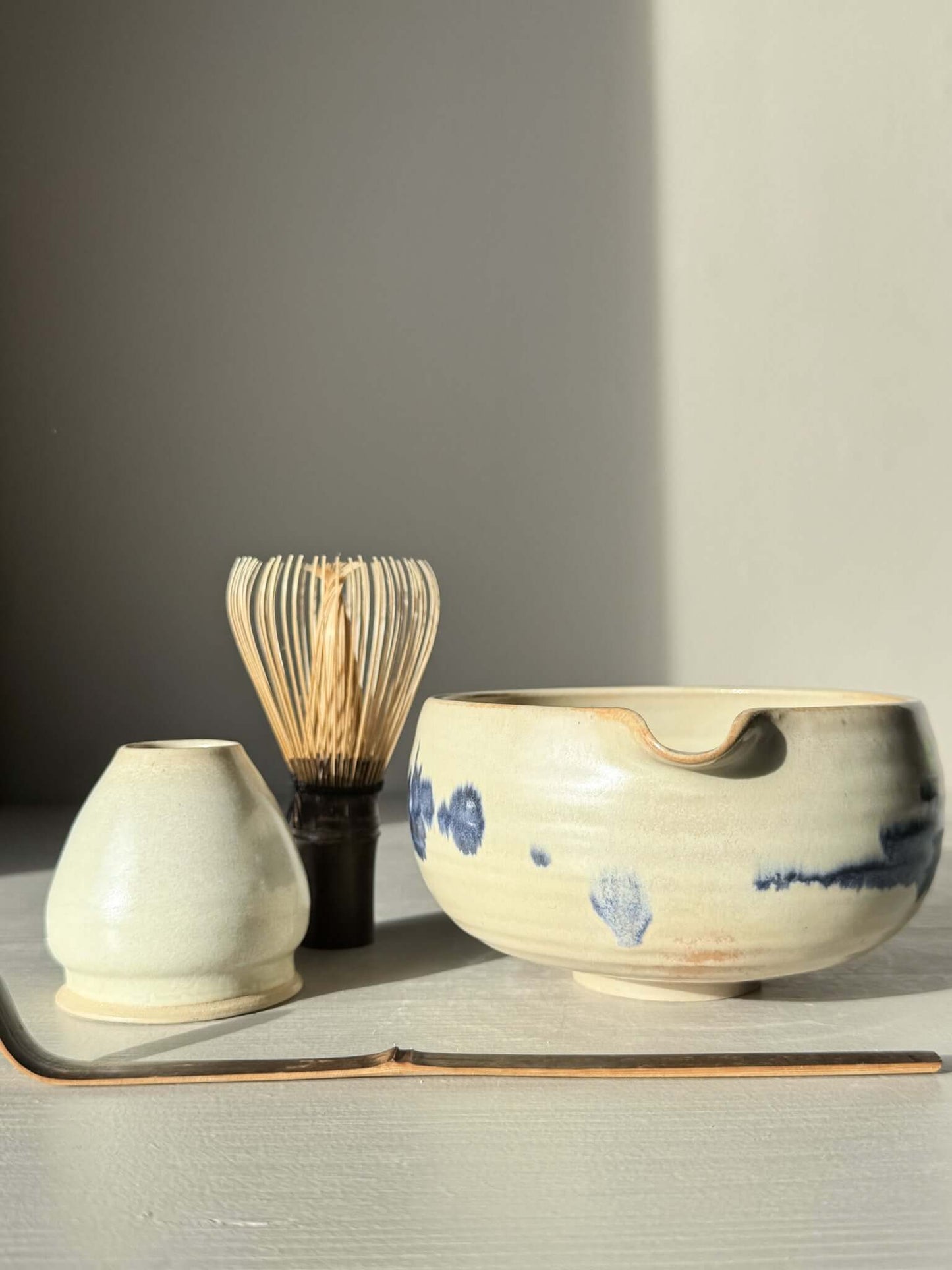 Matcha Bowl with Spout - Moonstone & Blue, featuring Japanese katakuchi style, with cobalt blue and moonstone glaze for smooth pouring.
