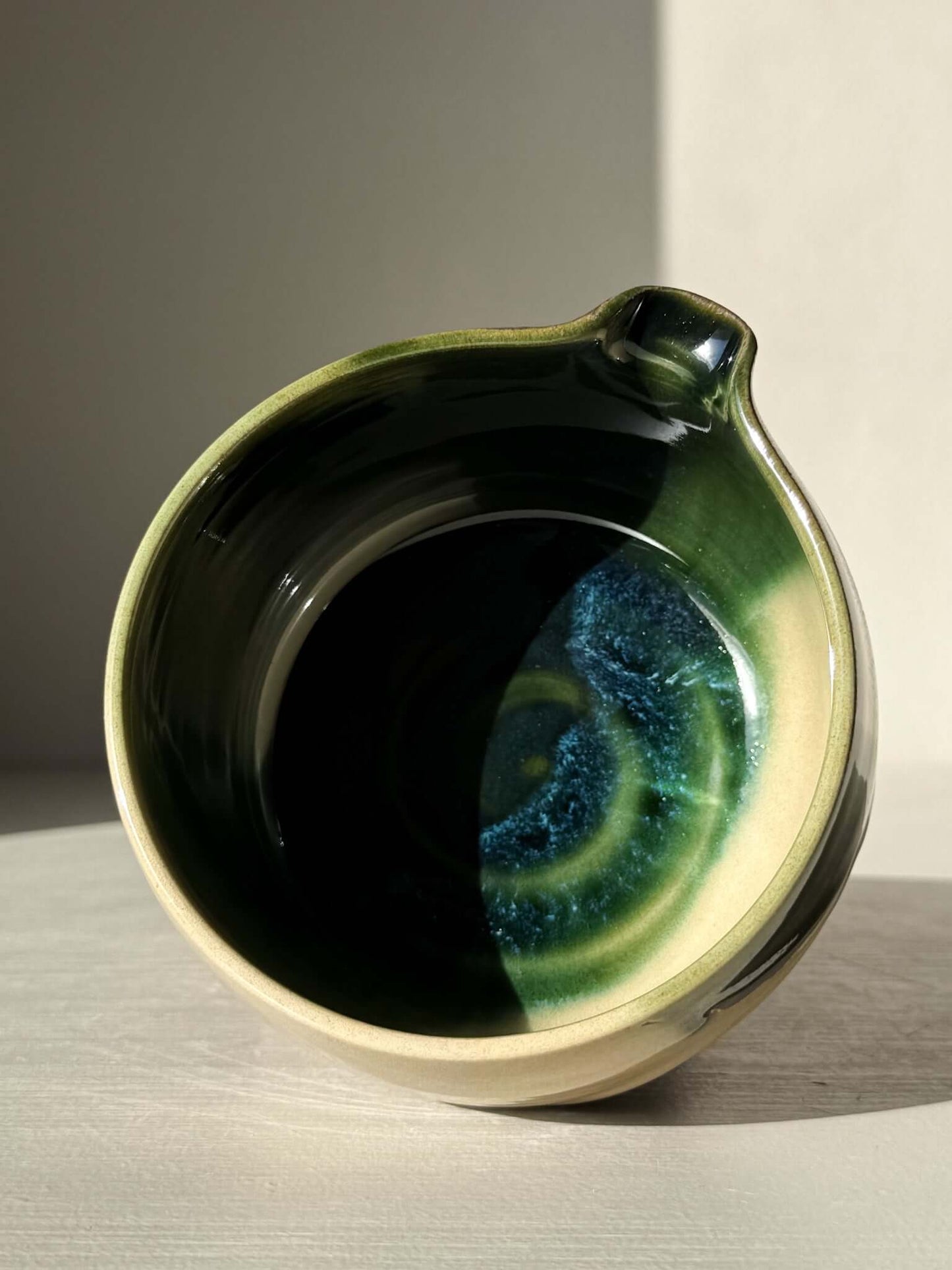 Handmade ceramic Matcha Bowl with Spout – Mori #04 featuring organic green and brown glazes