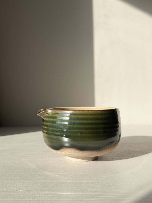 Handmade ceramic Matcha Bowl with Spout – Mori #03, featuring layered green and brown glazes in a warm natural stoneware design.