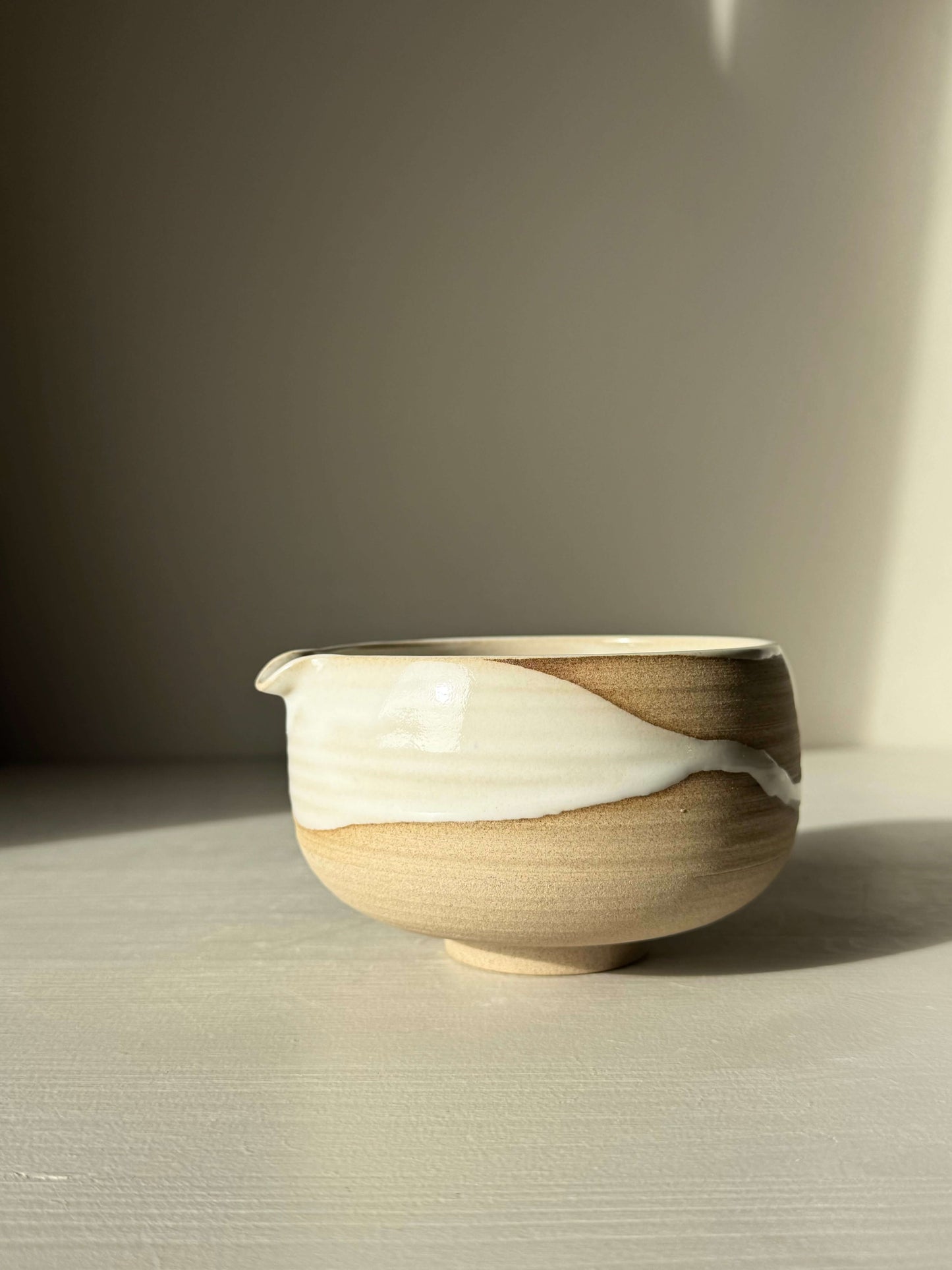 Handmade ceramic Matcha Bowl with Spout – Yuki #03, featuring toffee clay and glossy white glaze, perfect for daily rituals.