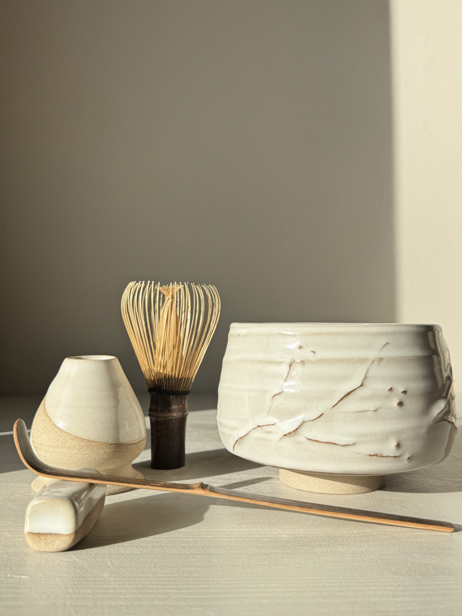 Matcha Bowl – Yuki Branches #03 with ivory glaze, bamboo whisk, and tea accessories