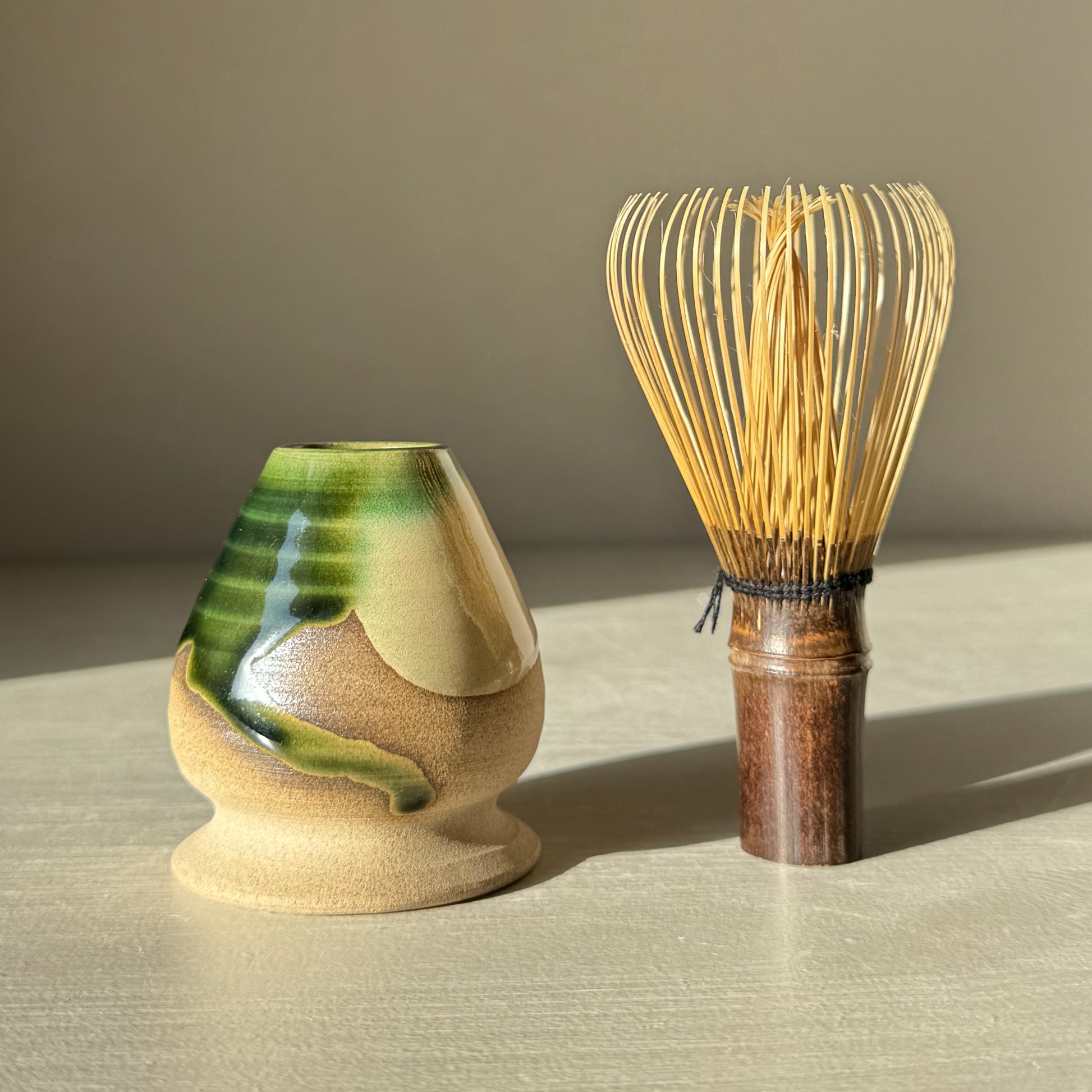 Whisk Holder - Mori with bamboo chasen and natural green glaze, part of the Mori Series for a serene tea experience
