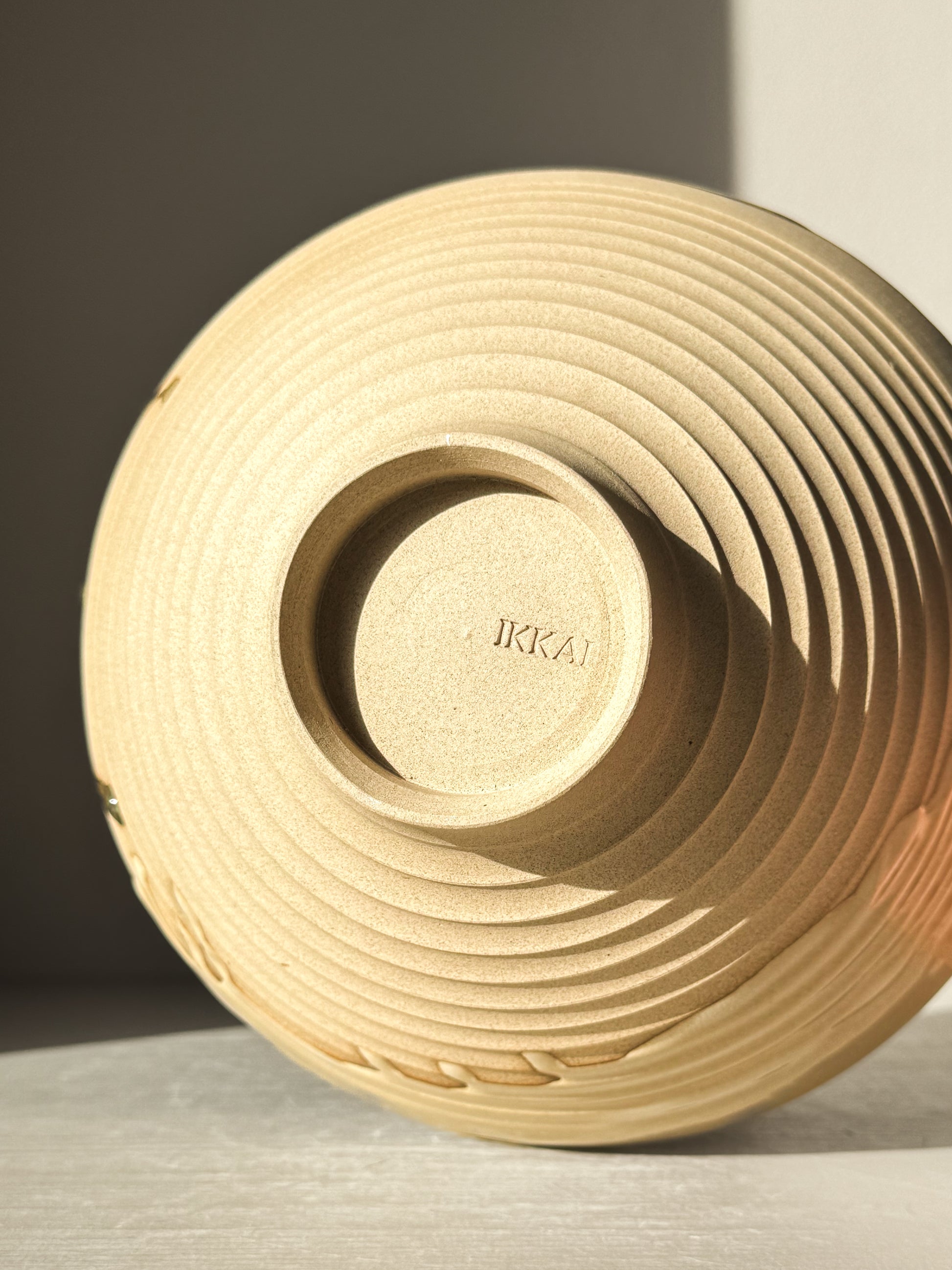 Underside view of the Medium Carved Bowl - Inyo #01 showcasing a textured, sculptural design with a soft shadow.