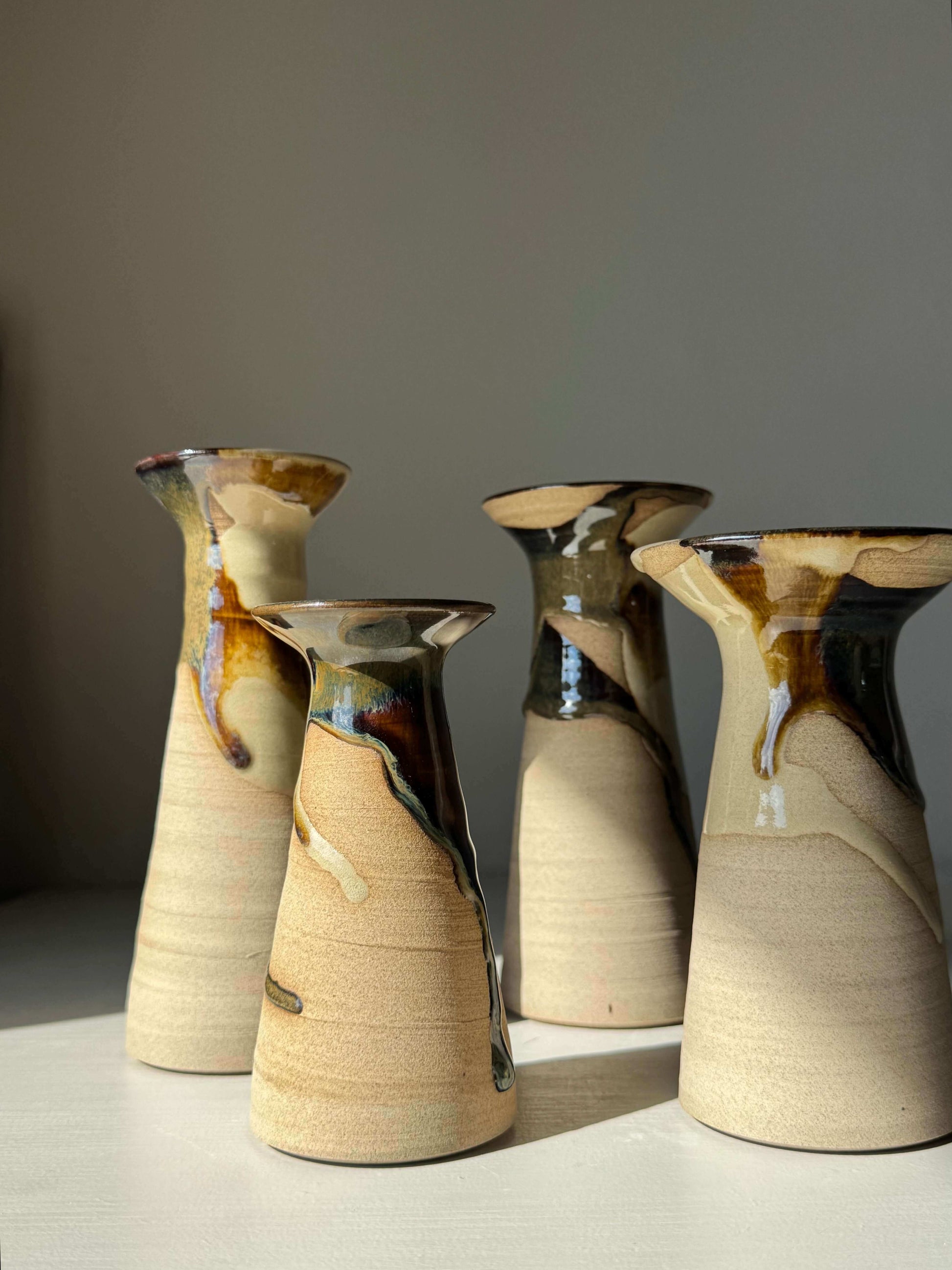 Small Vase – Inyo Series #02, handmade ceramic vase with unique glaze patterns, tall sculptural silhouette with tapered waist.
