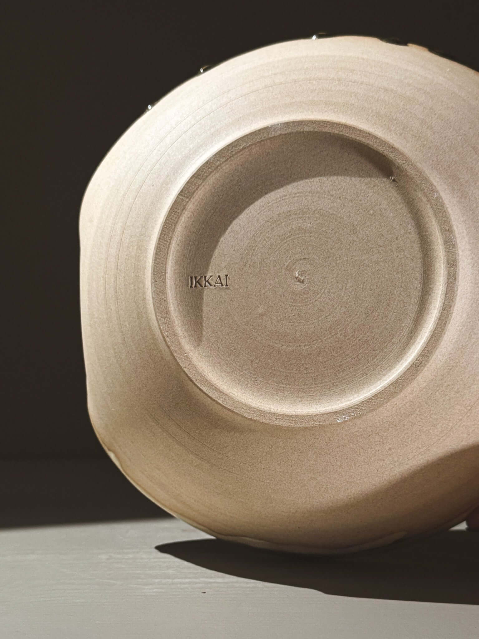 Handmade bottom view of a Salad/Pasta Plate – Inyo showcasing unique glaze and craftsmanship.