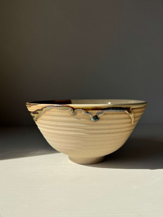 Handmade ceramic Ramen Bowl - Inyo Series featuring glossy tenmoku and clear glaze on a toffee clay surface.