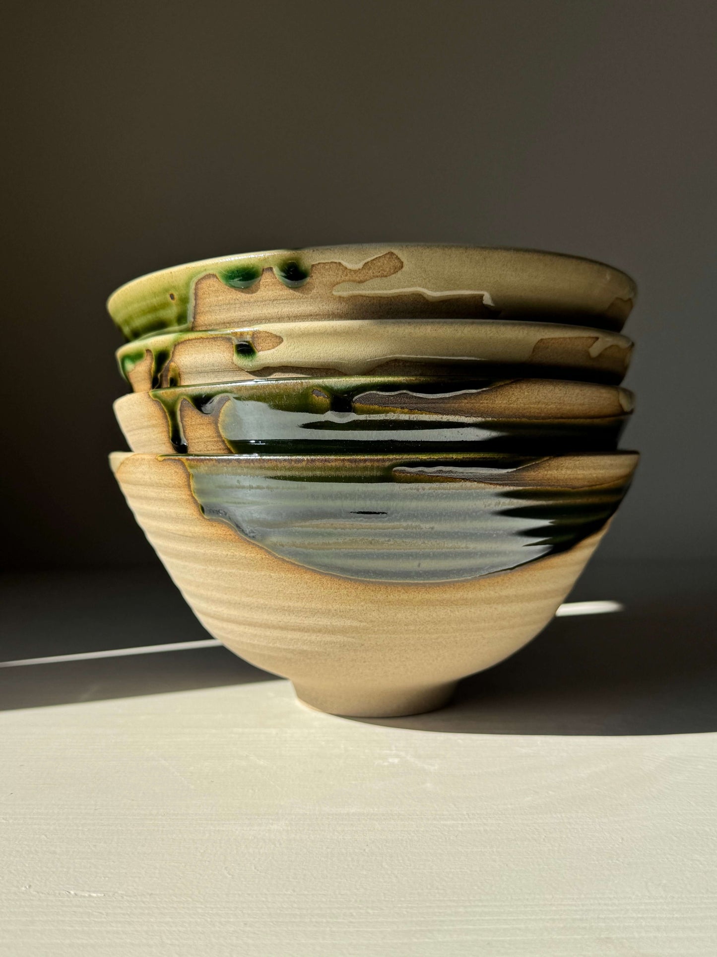 Stack of handmade ceramic Ramen Bowl - Mori Series with green glaze