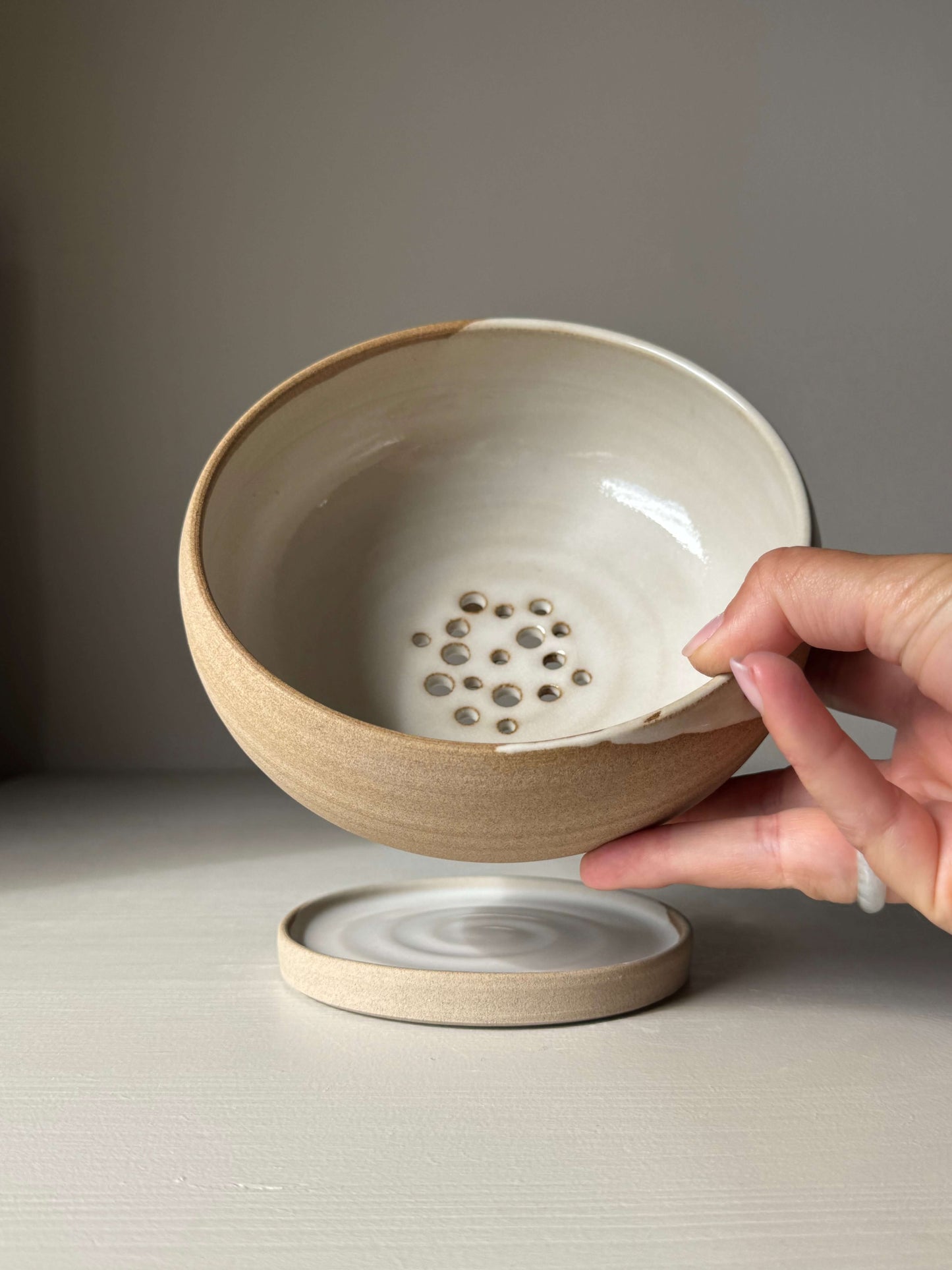 Rounded Berry Bowl - Yuki handmade ceramic with soft white glaze over toffee clay, including a matching drip plate for fresh fruit or herbs.