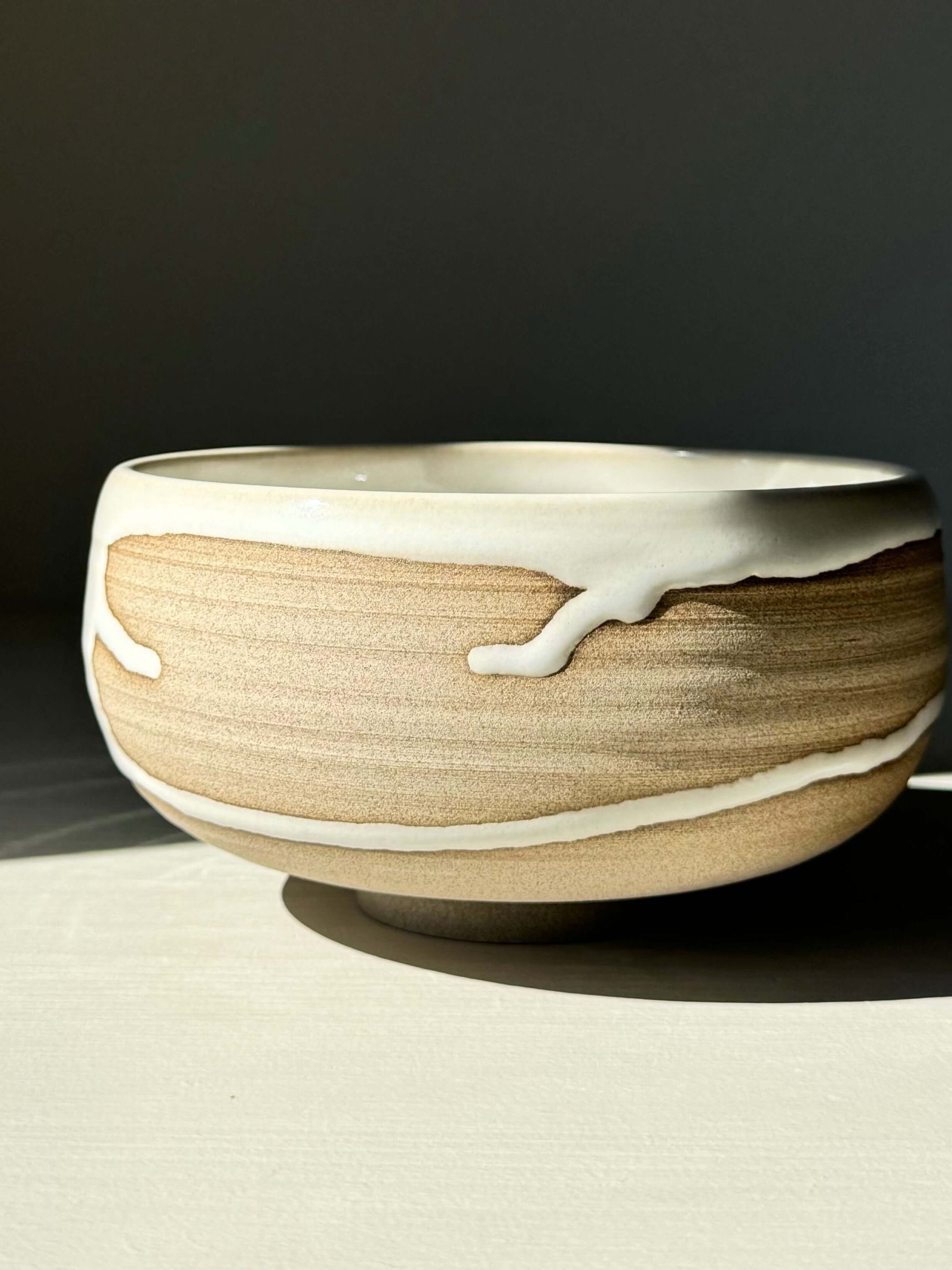 Handmade ceramic Rounded Breakfast Bowl – Yuki with toffee clay and white glaze, ideal for morning granola, soup, or rice.