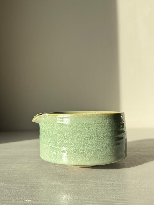 Matcha Bowl Spout – Sage #01 with soft sage-green glaze and open form, perfect for whisking matcha to a creamy blend.