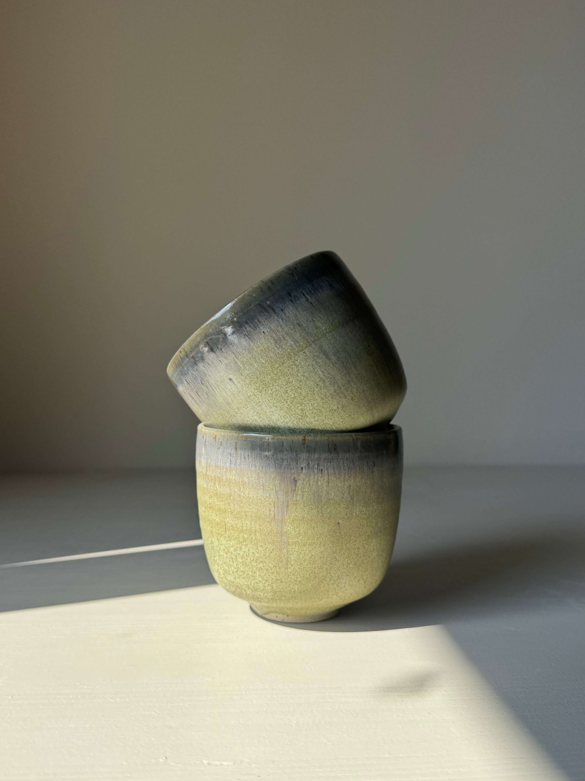 Handmade ceramic Cups - Satin Blue with soft glaze in shades of misty grey and olive green, rounded and grounding form.