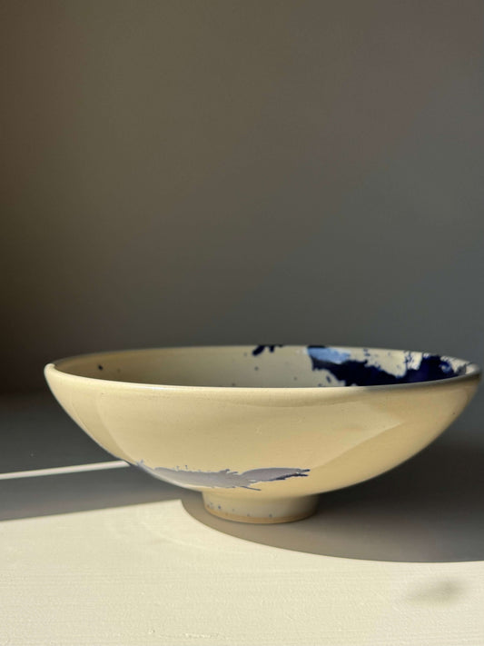 Handmade ceramic Shallow Dish - Gosu Series with cobalt accents, featuring a clear glaze over durable stoneware.