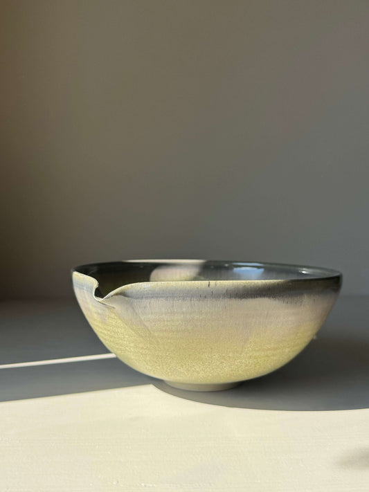 Handmade ceramic Small Pouring Bowl – Satin Blue with matte-satin glaze, soft olive to smoky blue-grey tones, and hand-formed spout.