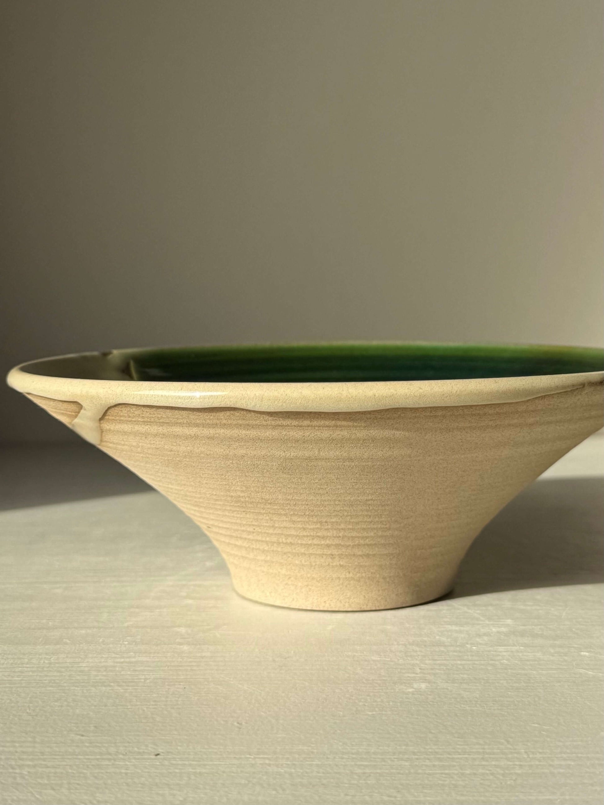 Handmade ceramic Small Serving Bowl - Mori #01 with glossy green glaze and toffee clay base, approx. 19.5cm diameter × 7cm height.