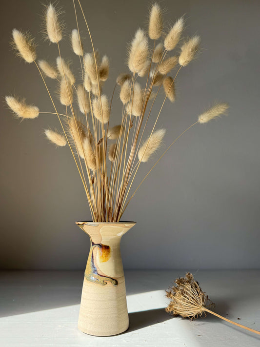 Handmade ceramic Small Vase – Inyo Series #02 with dried flowers, showcasing unique glaze variations and tall, elegant structure.