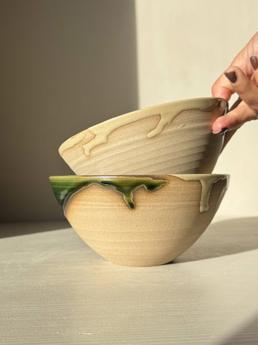 Hand holding stack of Soup Bowl – Mori Series pottery with organic design, perfect for daily meals.
