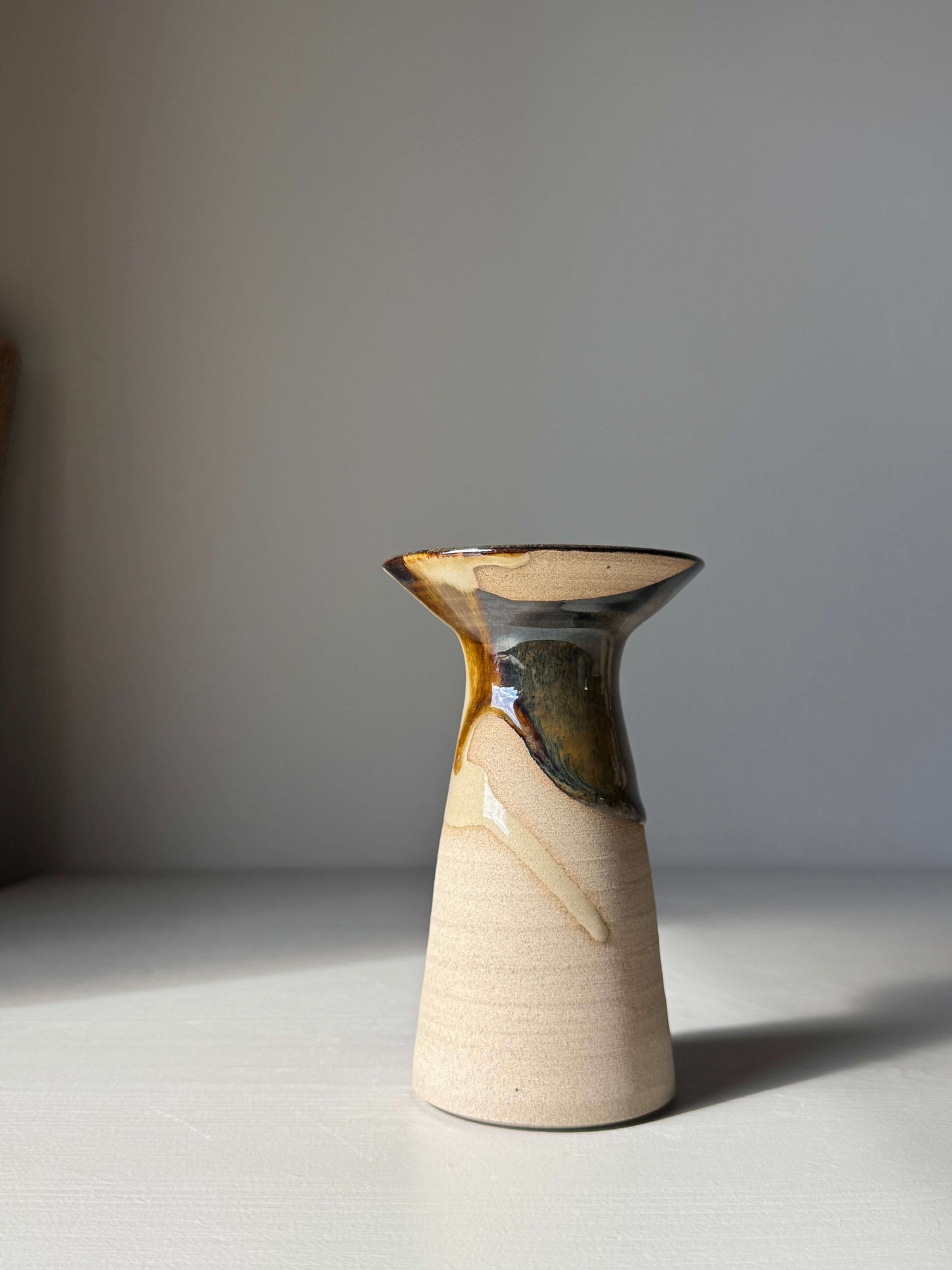 Handmade ceramic Small Vase – Inyo Series #02 featuring a unique glaze pattern and tall, sculptural silhouette.