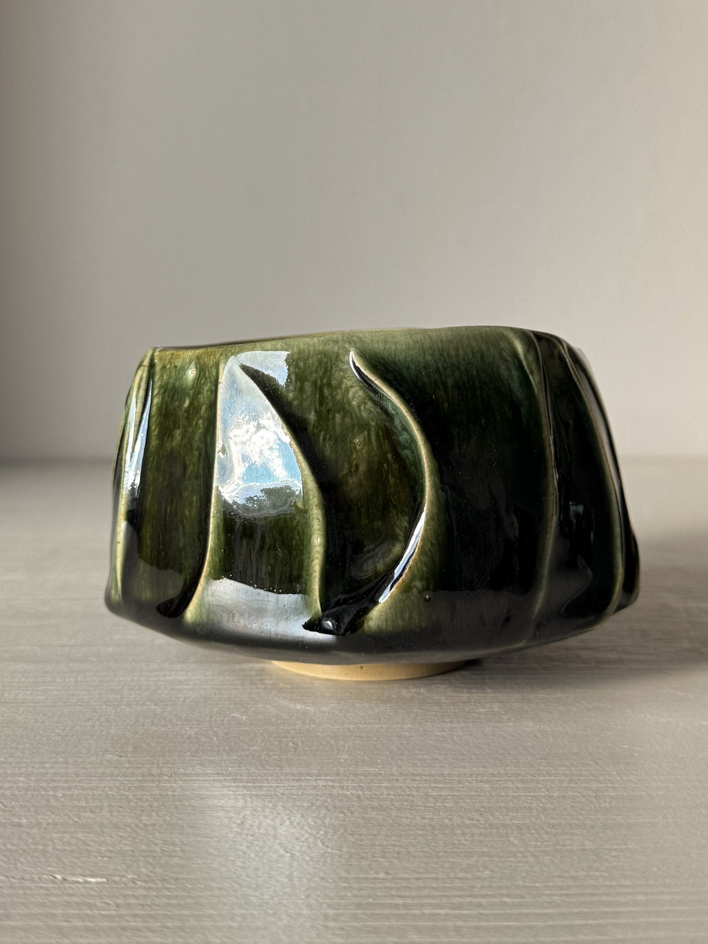 Textured Matcha Bowl - Hinoki #04 with green glaze and textured finish, inspired by Hinoki tree, perfect for a calming matcha ritual.