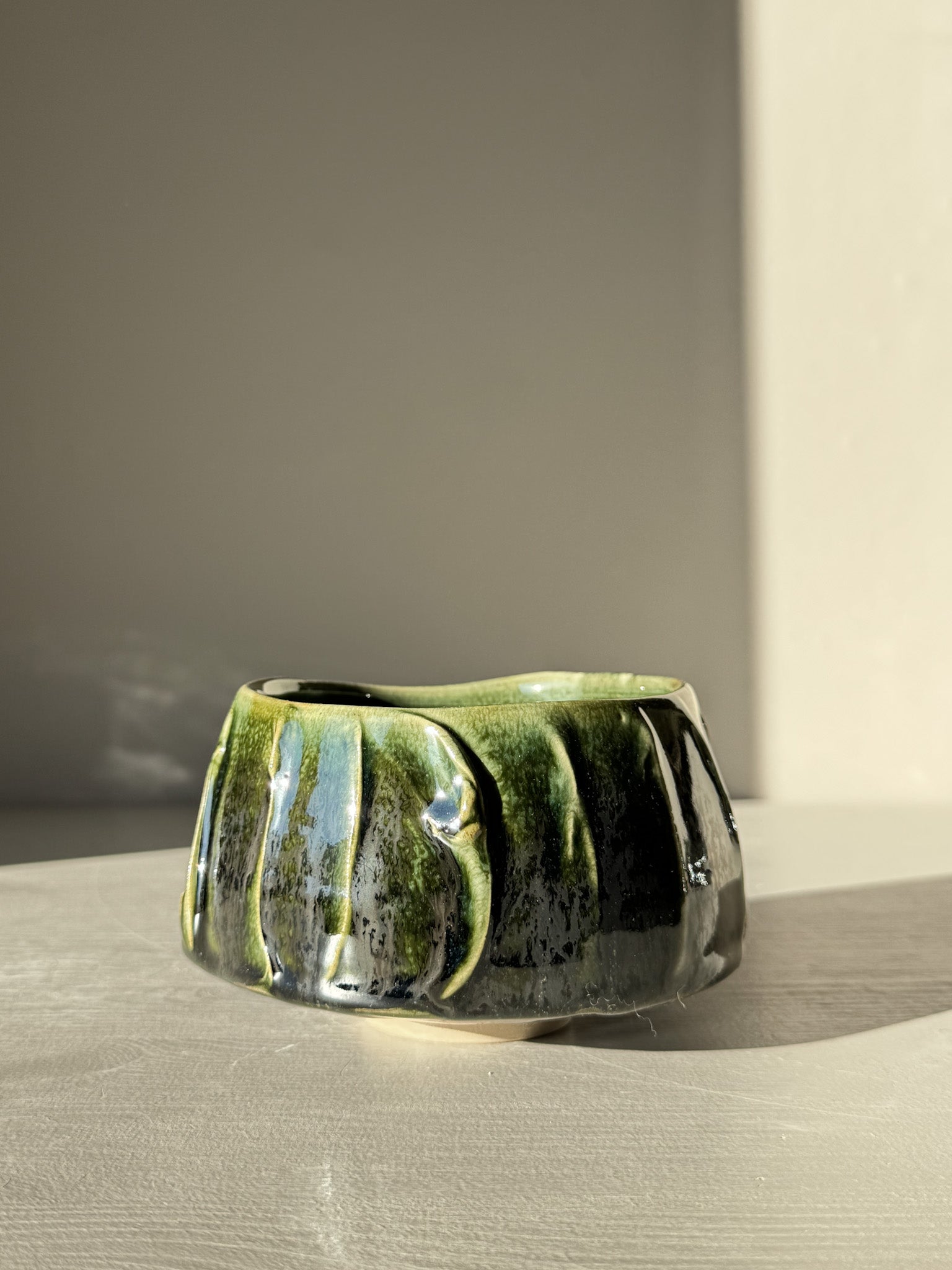 Textured Matcha Bowl - Hinoki #16 with green glaze and unique textured finish, inspired by Hinoki tree, adding peace to your ritual.