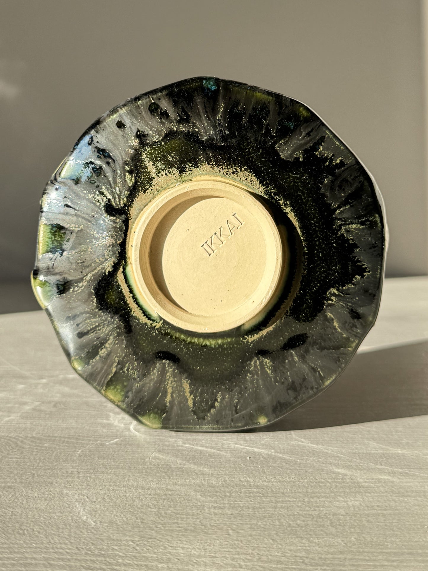 Base view of the Textured Matcha Bowl - Hinoki #17 showcasing its unique glaze and craftsmanship from the Hinoki Series.