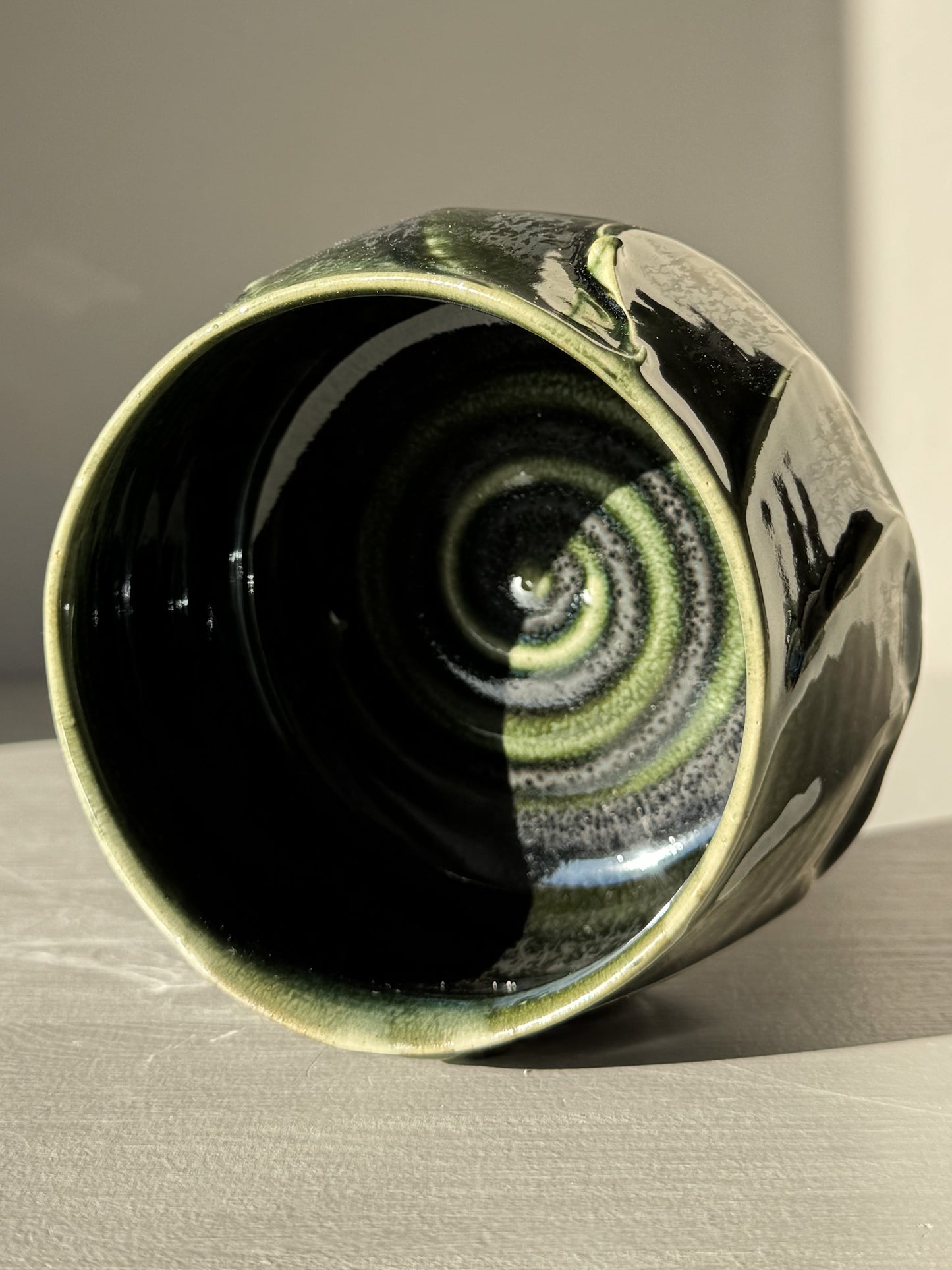 Textured Matcha Bowl - Hinoki #11 with calming green hues and spiral design in the interior, part of the unique Hinoki Series.