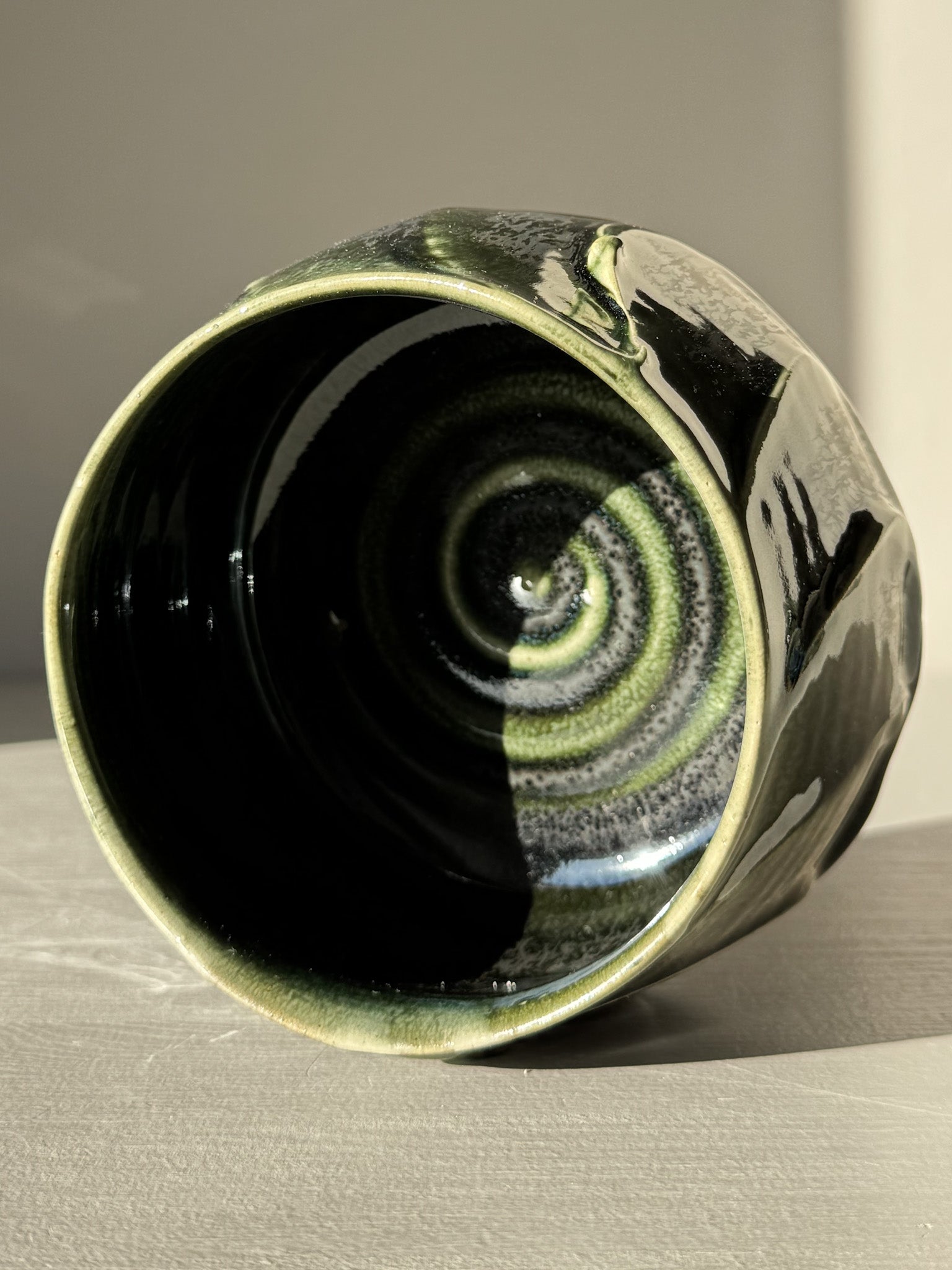 Textured Matcha Bowl - Hinoki #11 with calming green hues and spiral design in the interior, part of the unique Hinoki Series.