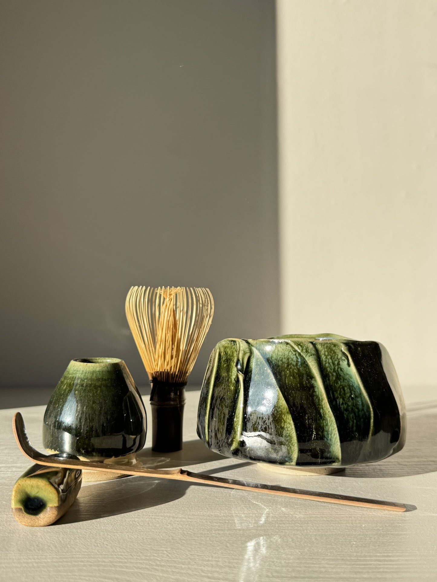 Textured Matcha Bowl - Hinoki #13 with matcha whisk and accessories