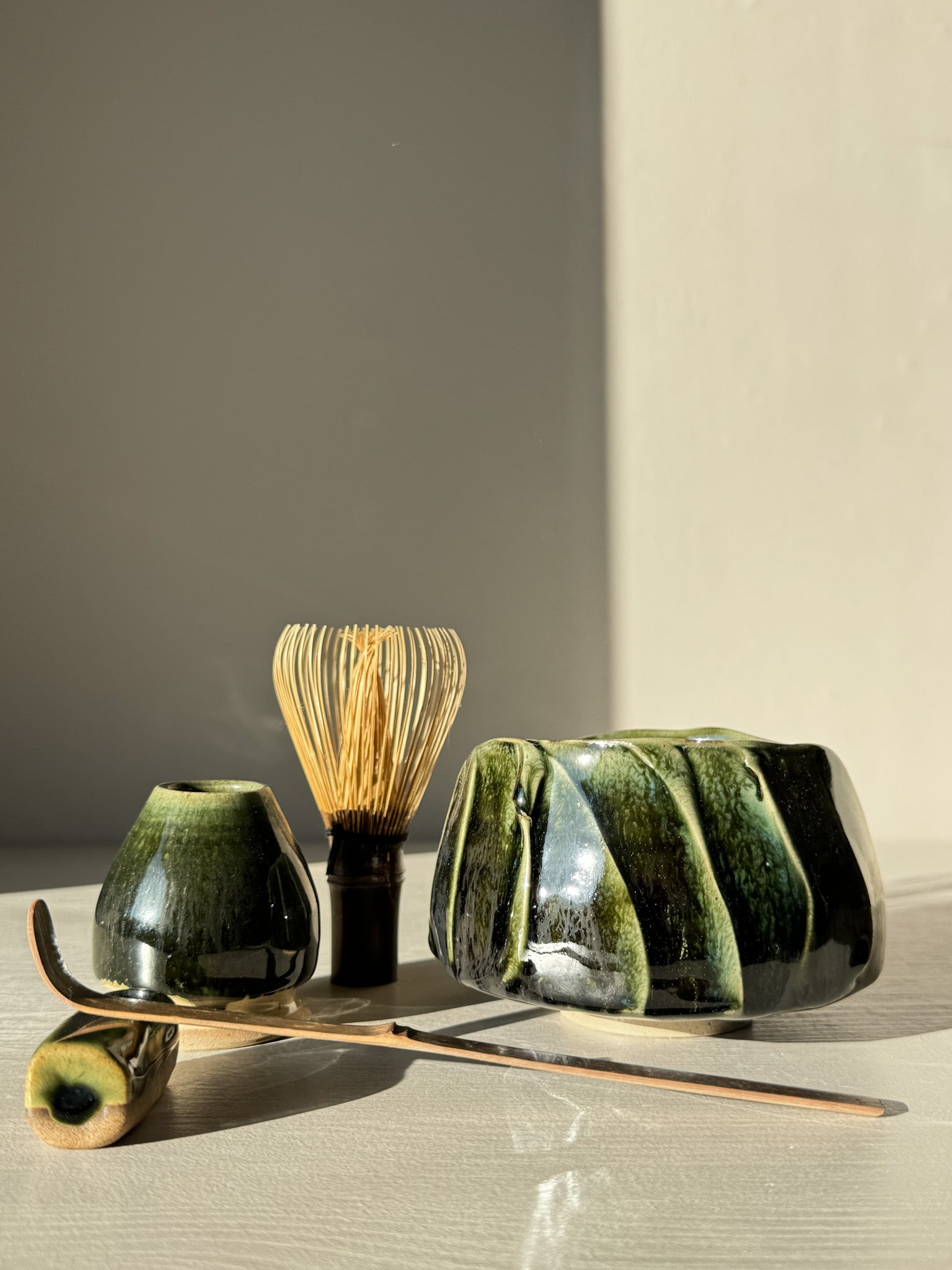 Textured Matcha Bowl - Hinoki #13 with matcha whisk and accessories