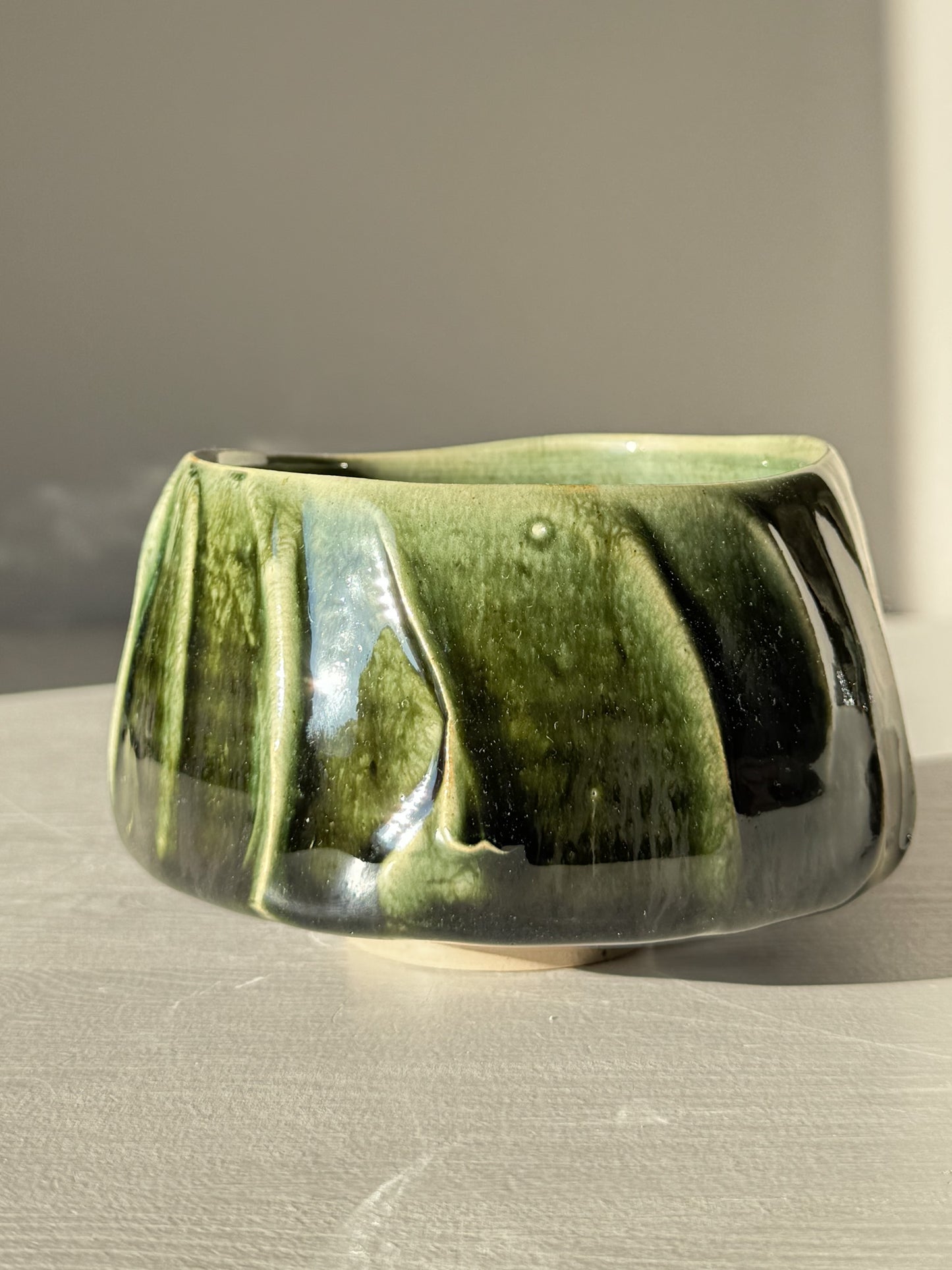 Textured Matcha Bowl - Hinoki #12 with green glaze and unique texture design