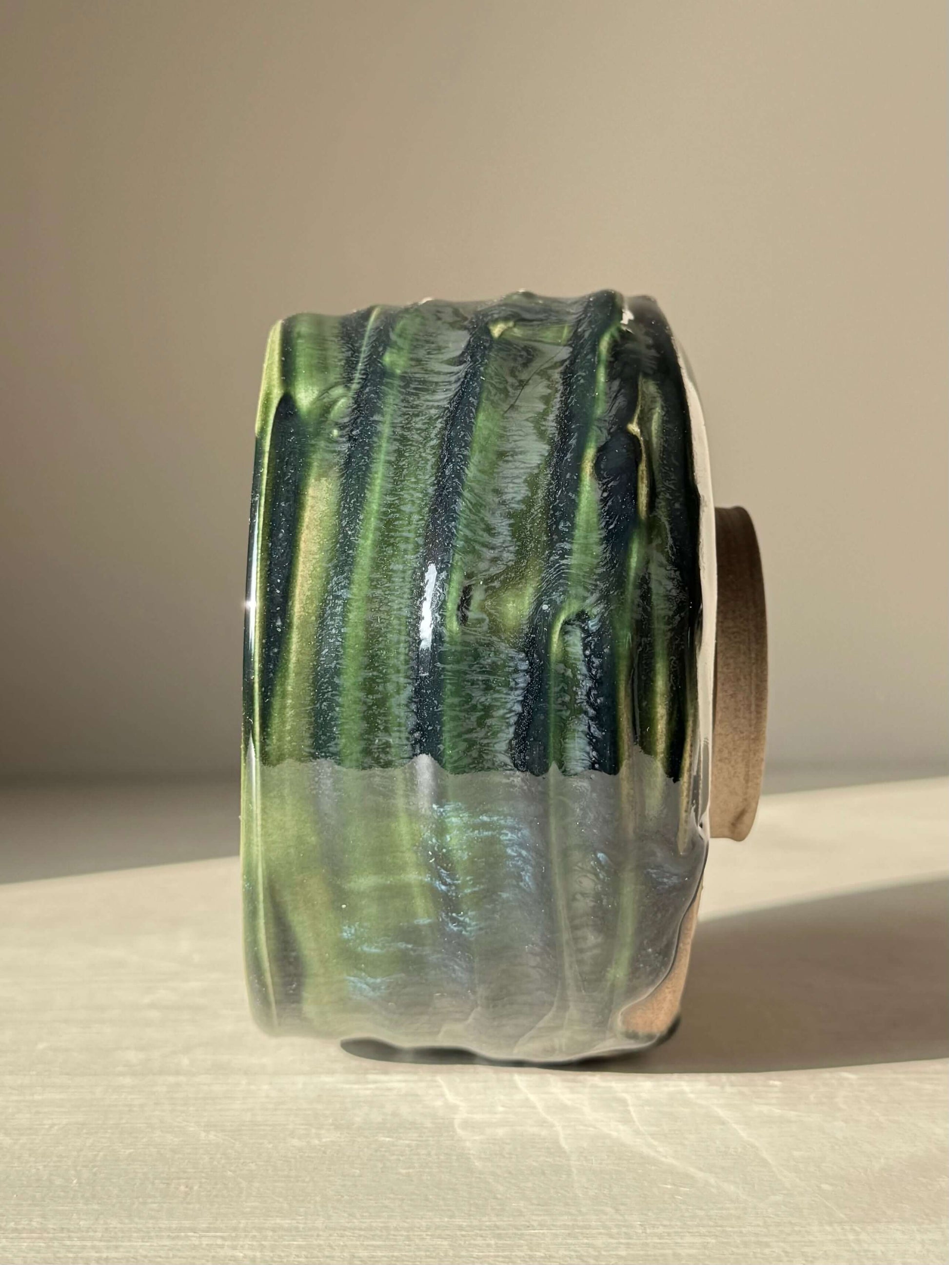 Textured Matcha Bowl – Mori #02, handmade ceramic with glossy forest-green glaze and organic surface design.