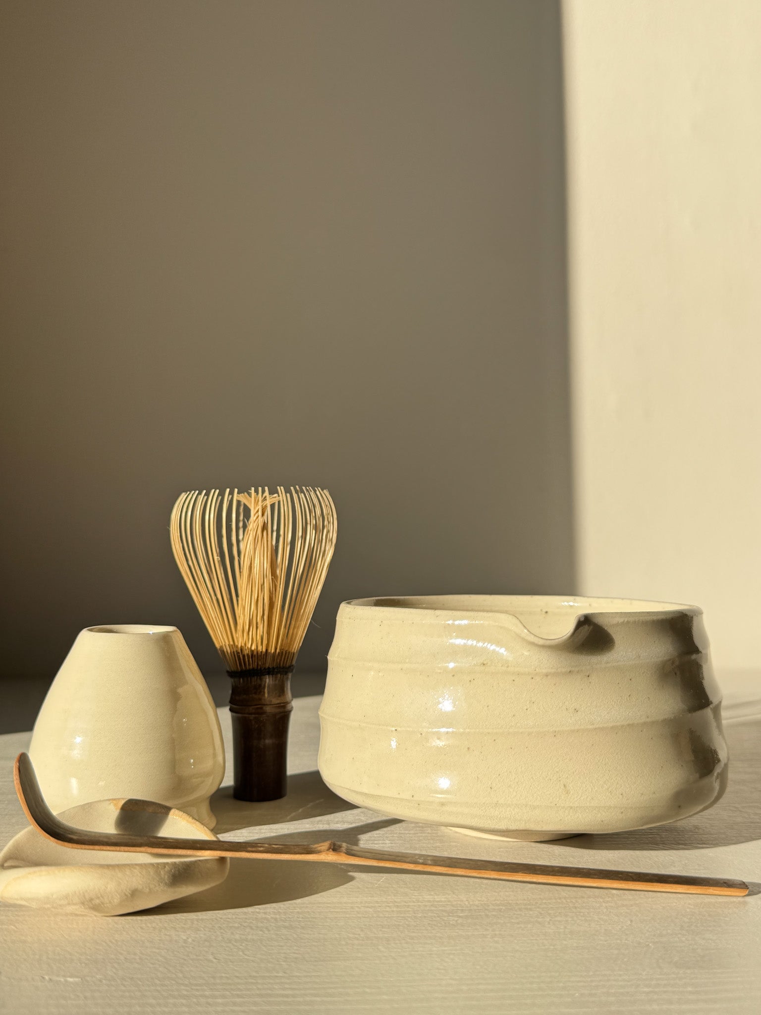 Textured Matcha Bowl Spout - Clear #01 with whisk and spoon in natural setting