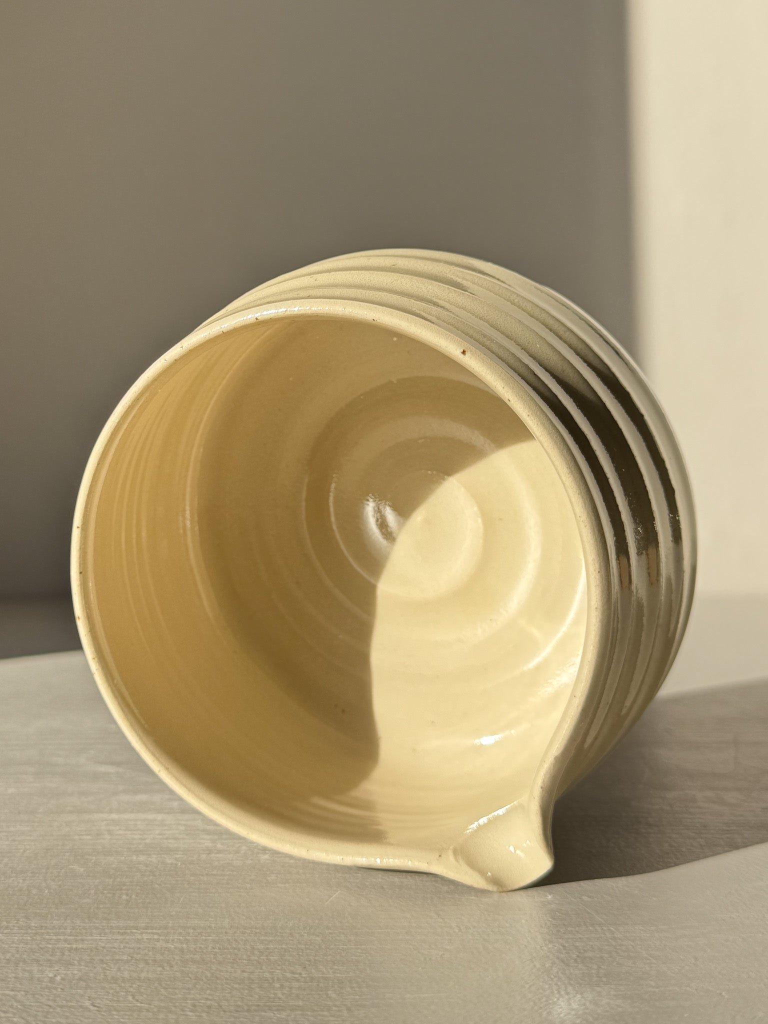 Textured Matcha Bowl Spout - Clear #02 with glossy glaze showing clay texture and pouring spout.