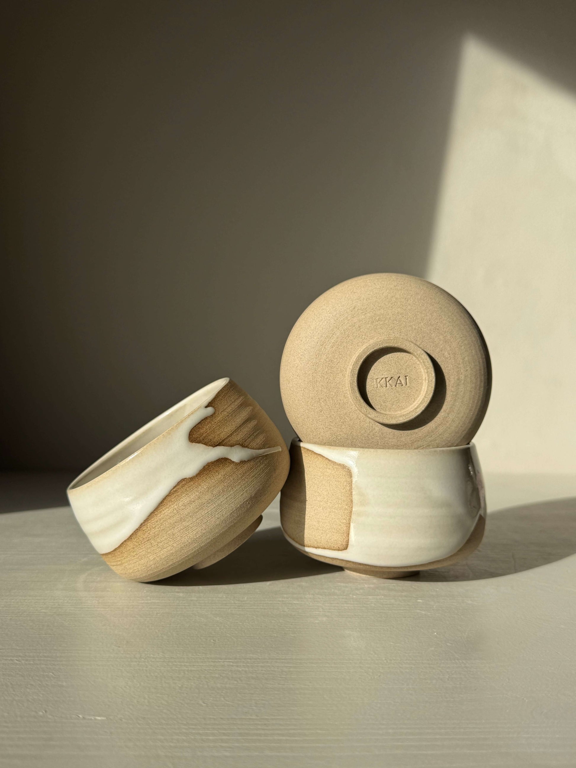 Handmade ceramic Coffee cups - Yuki with unique white glaze on toffee clay