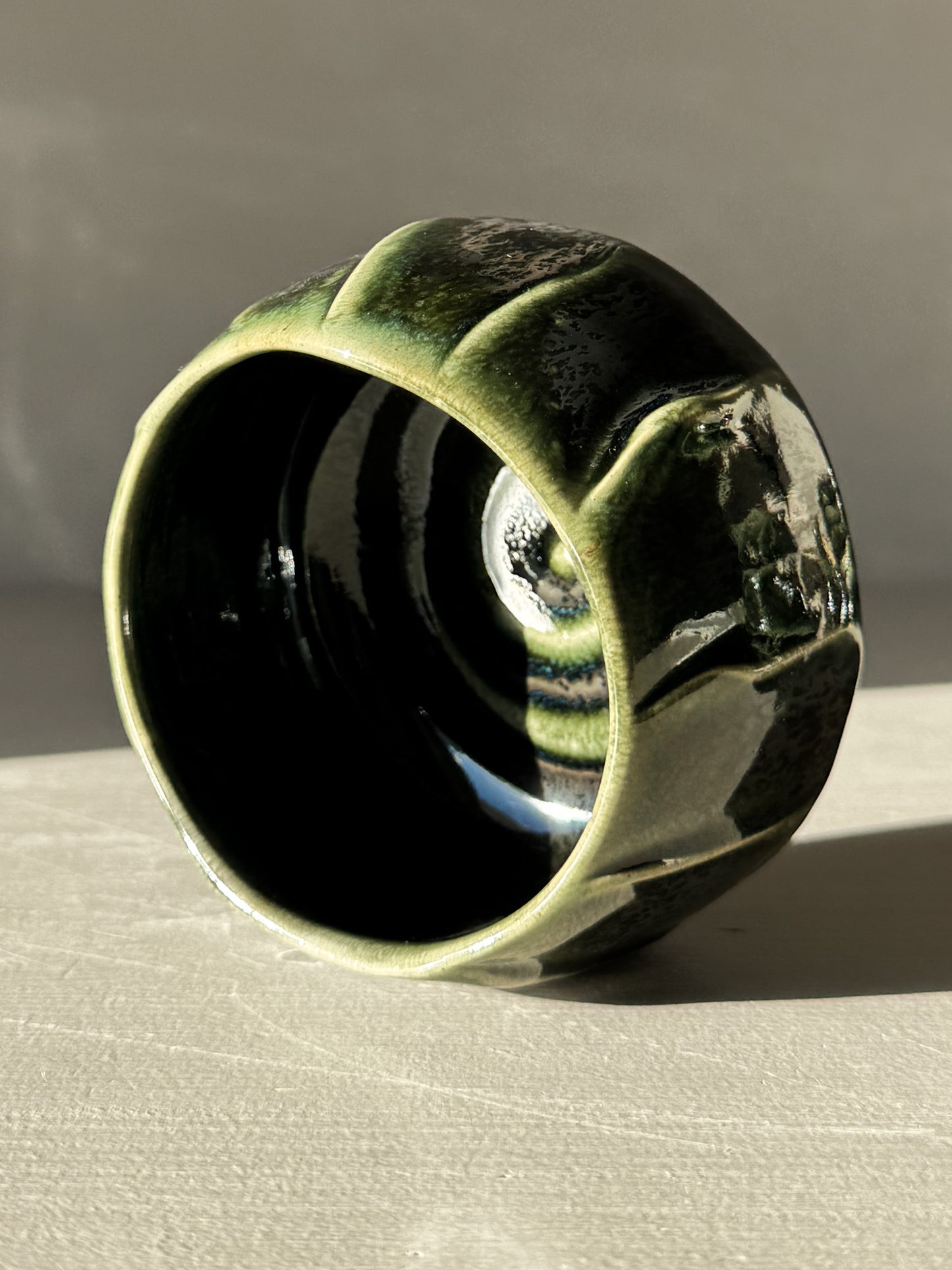 Yunomi Cup - Hinoki #03 in deep green glaze with soft flowing lines and handmade texture, ideal for everyday tea moments.